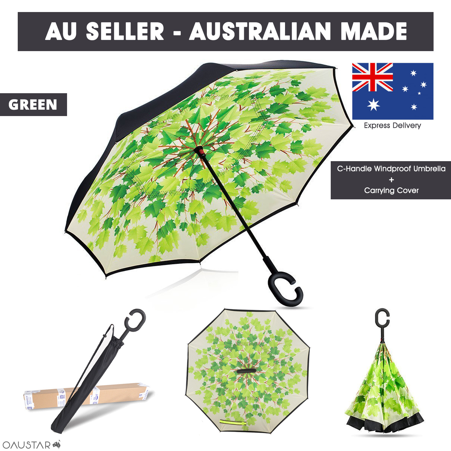 Inverted Reverse,C-Handle Folding Umbrella -Upside Down-Windproof with Carry Bag