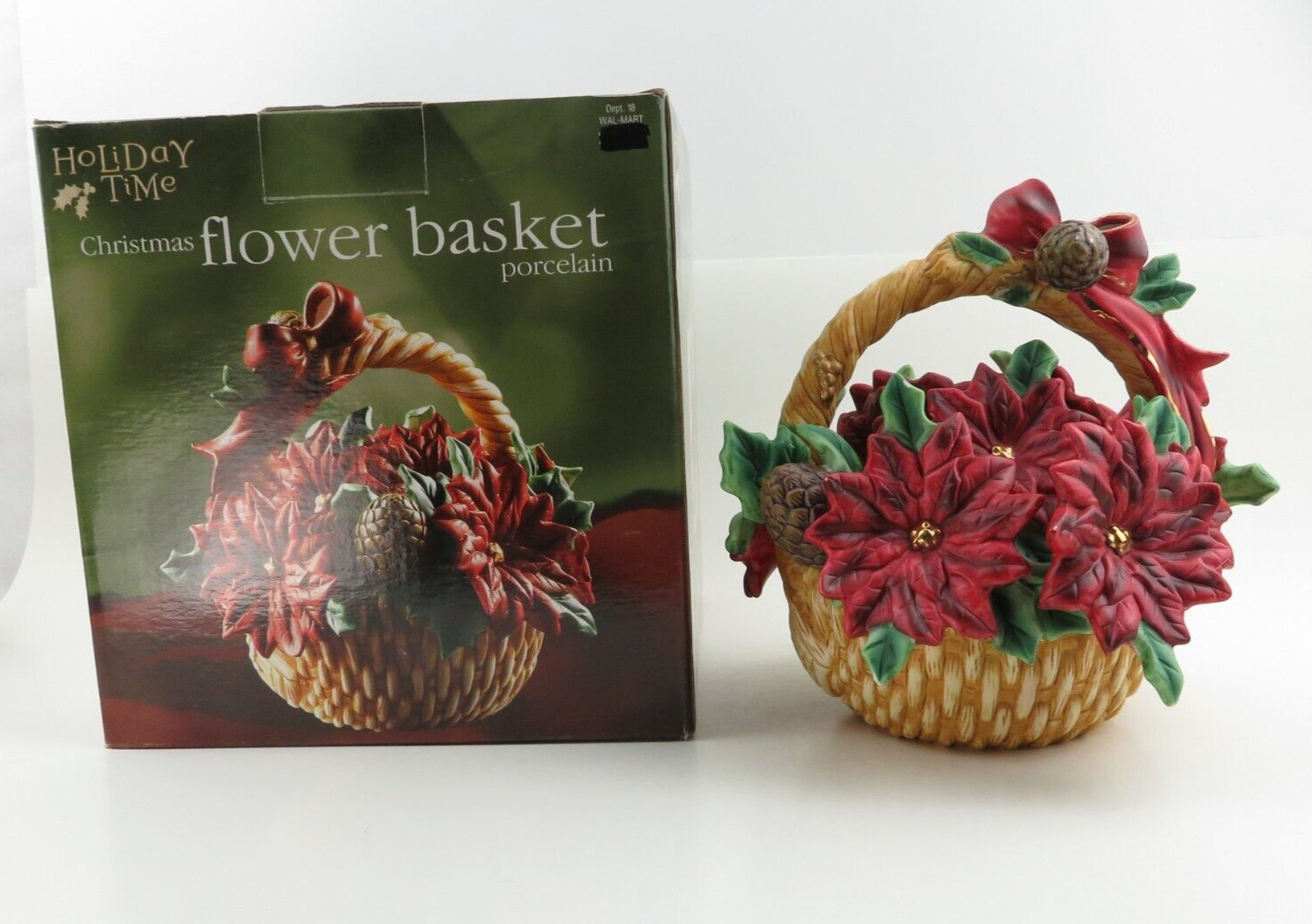 VTG Porcelain Christmas Flower Basket Centerpiece/ Decor Poinsettias & Pinecones