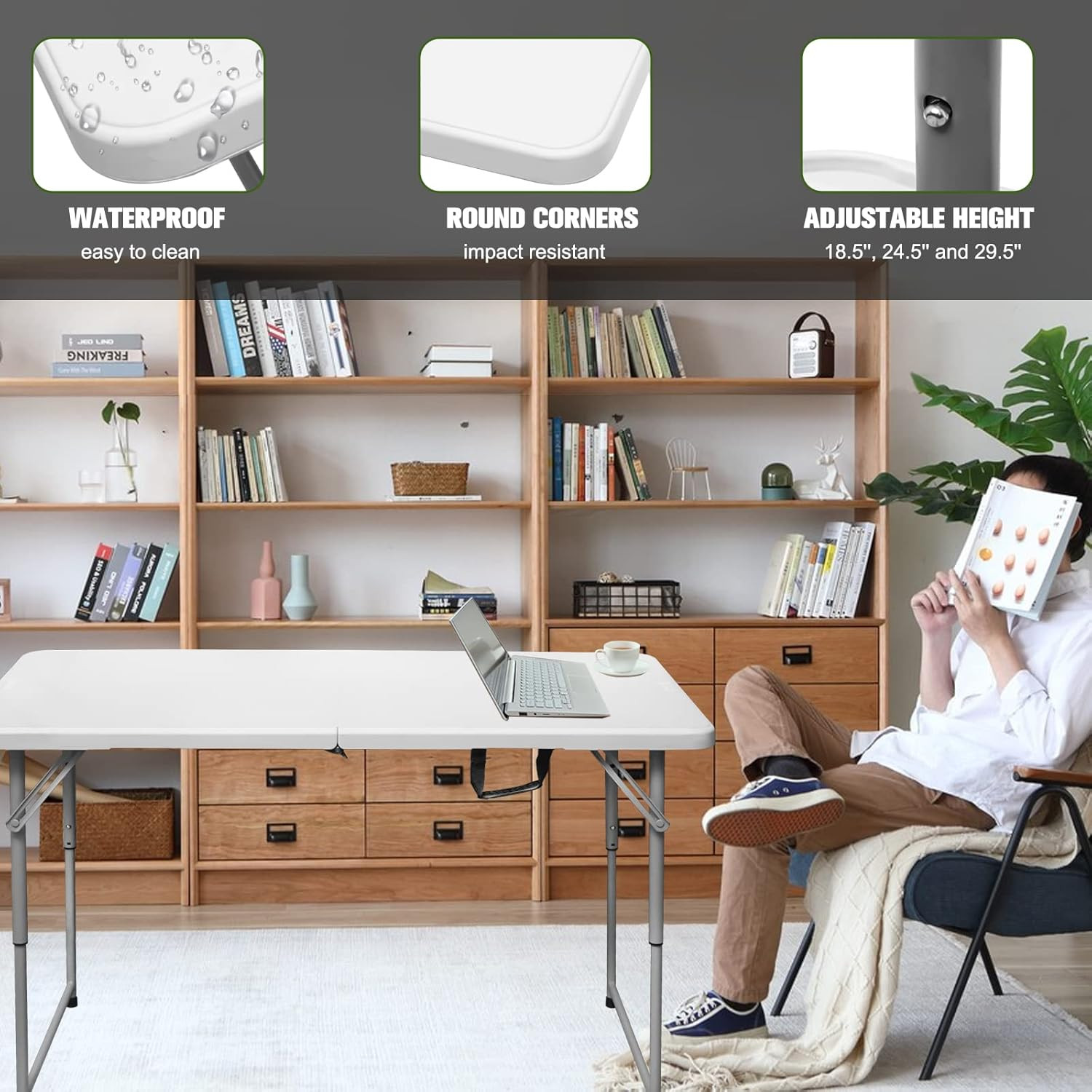 4Ft Folding Table Heavy Duty Plastic Fold in Half Adjustable Height Portable