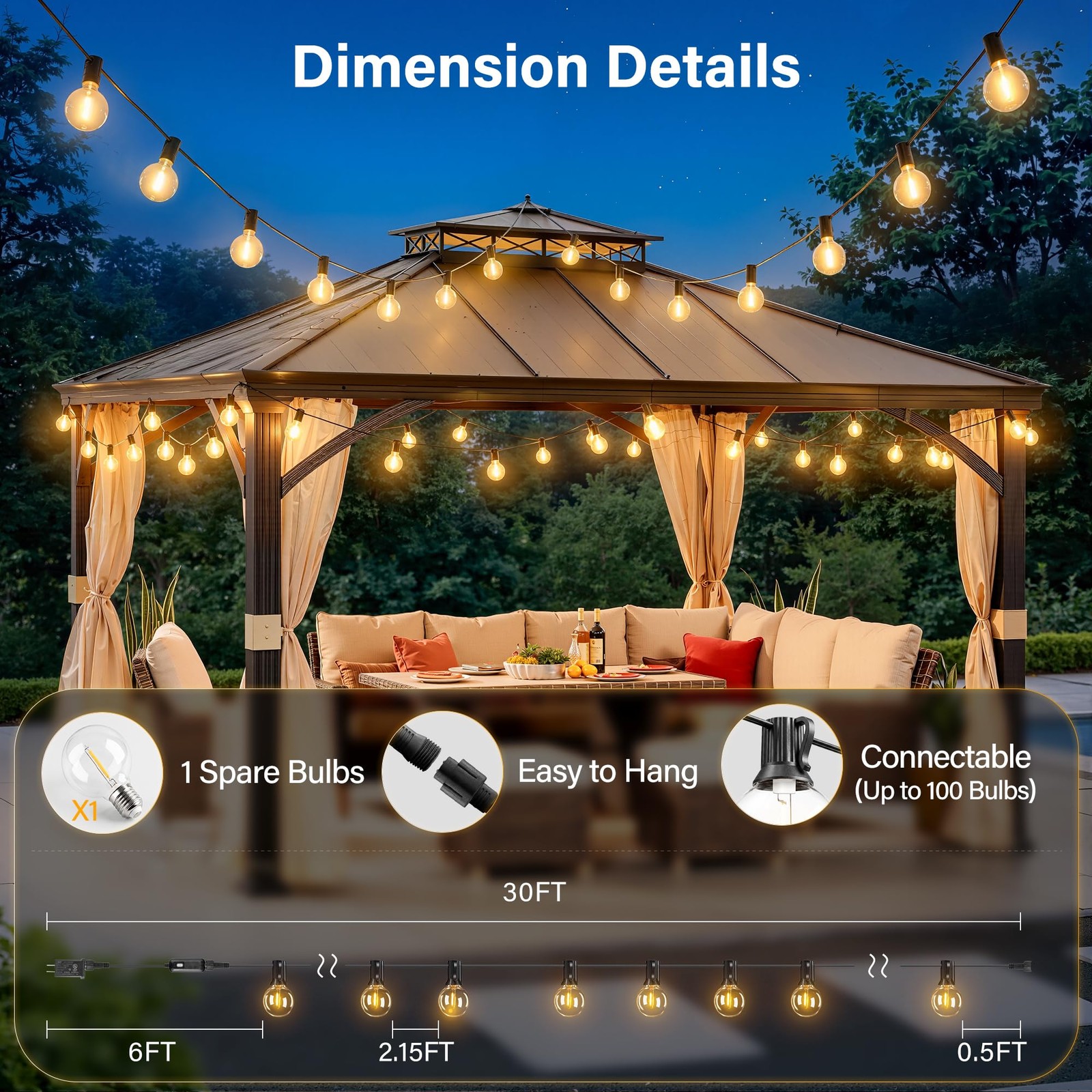 30FT Outdoor String Lights with Remote, Waterproof Connectable Dimmable G40 P...