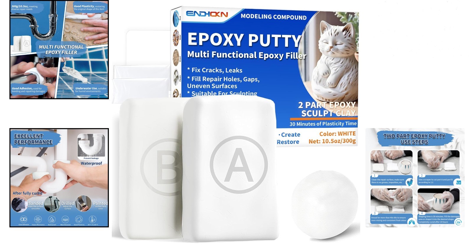 Epoxy Putty 10.5oz White Repair Stick for Leaks Cracks Holes Metal Plastics 300g