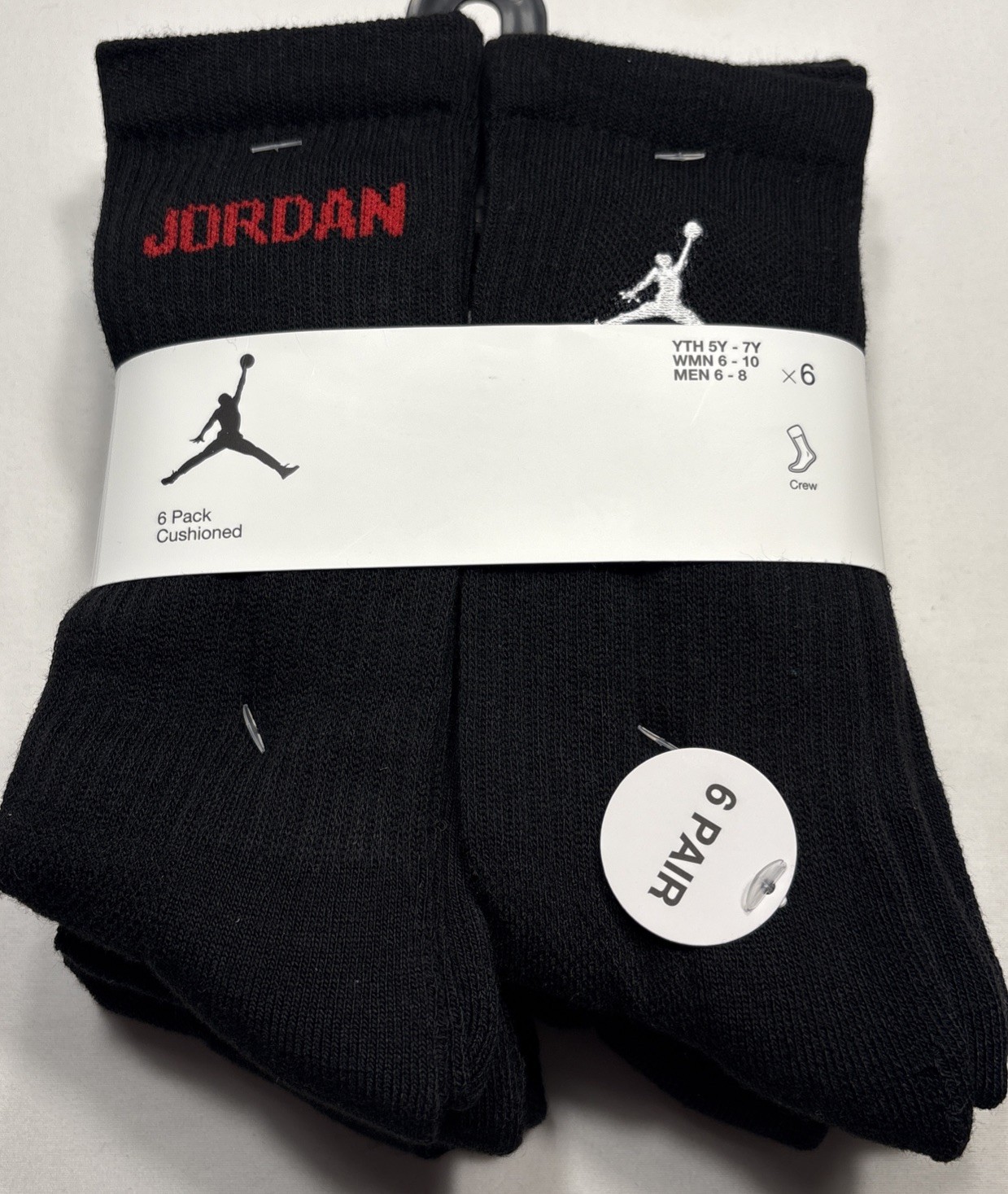 Jordan Cushioned Crew Socks Black BJ0343-023 6 Pairs Men’s Sz Med 6-8 FREE SHIP