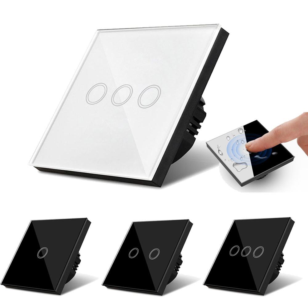 220V EU Glass Panel Wall Socket Touch Switch Wall LED Light Switch 1/2/3 Gang