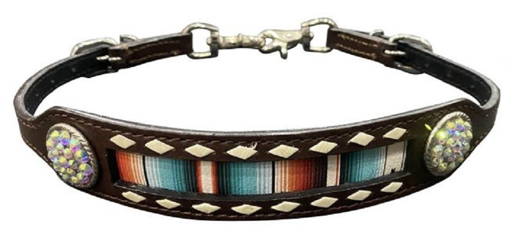 Dark brown LEATHER WITHER STRAP w/ Serape print inlay Bling conchos Buckstitch
