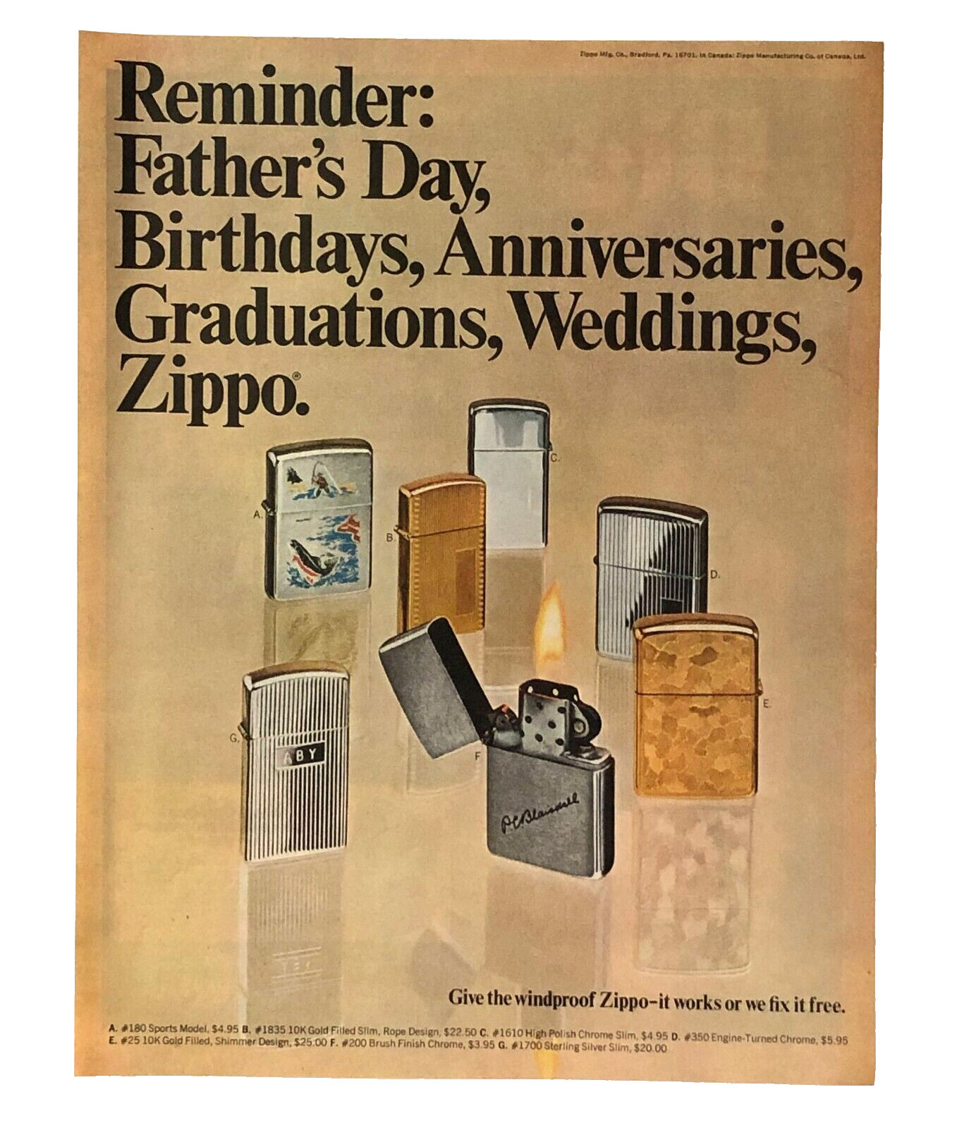 1969 Zippo Lighter Advertisement Gift Reminder Color Photo Vintage Print AD