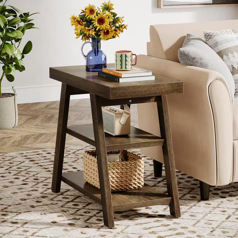 Kerlin 23.62 In. Rustic Brown Rectangular Wood End Table, 3 Tier Farmhouse Side