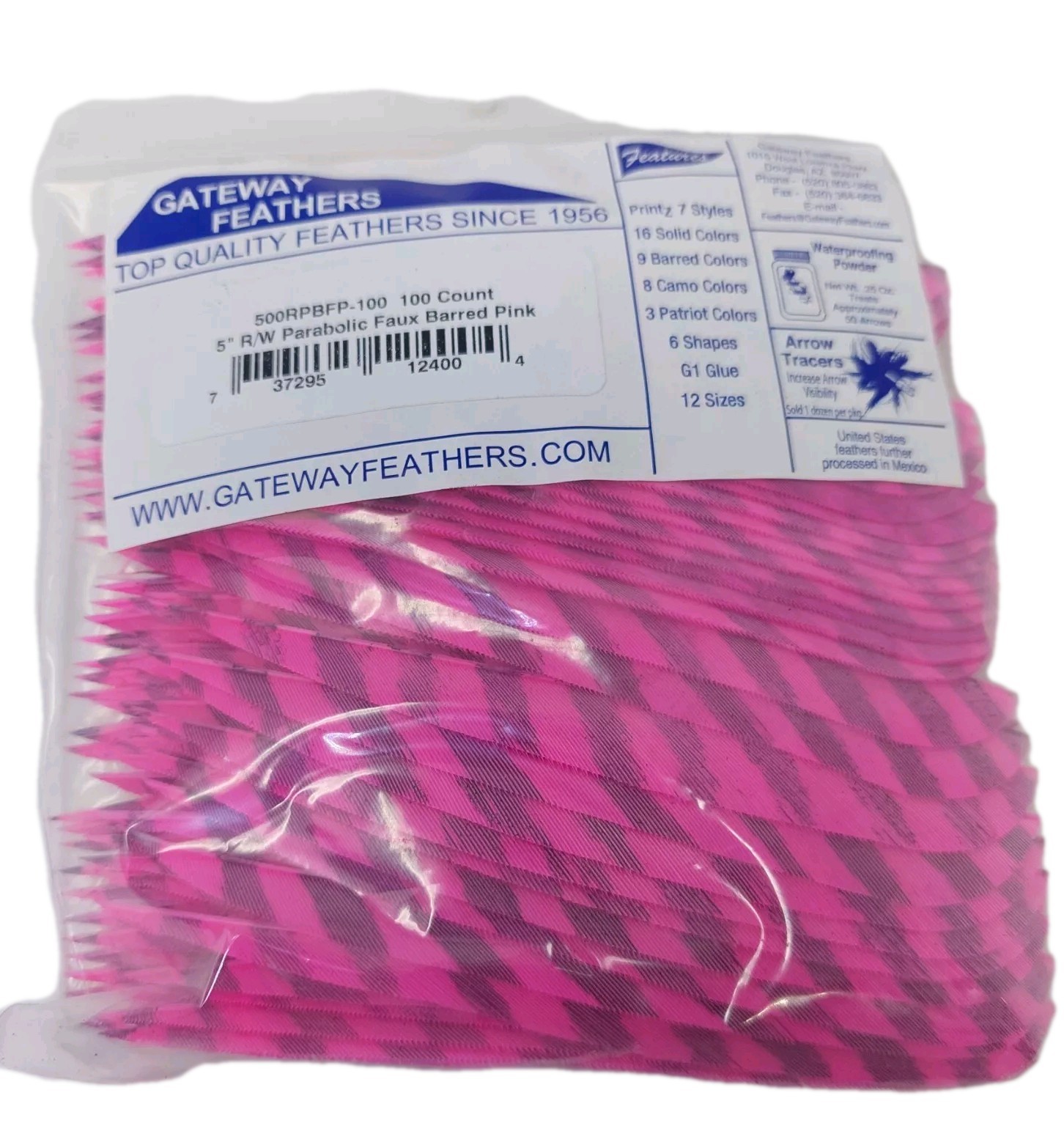 100 Pack Gateway Feathers 5" Right Wing: Parabolic Faux Barred Pink 500RPBFP-100