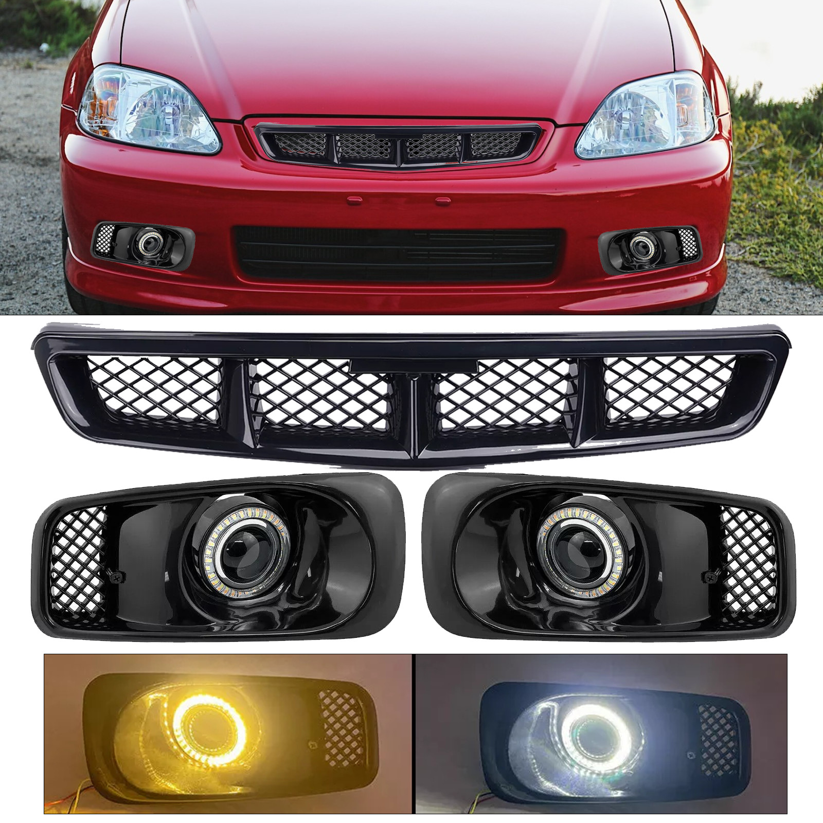 Fit 1999-2000 Honda Civic JDM Front GRILLE & LED Double colour Fog Lights Lamps