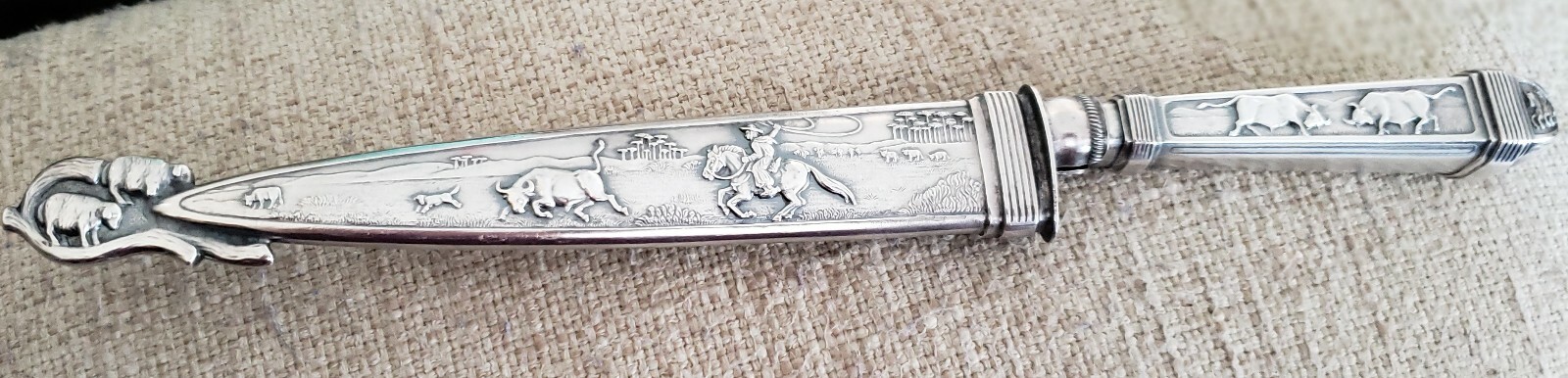 SILVERPLATE BANK OF BRAZIL & NEW YORK 10TH ANNIVERSARY KNIFE STEER COWBOYS