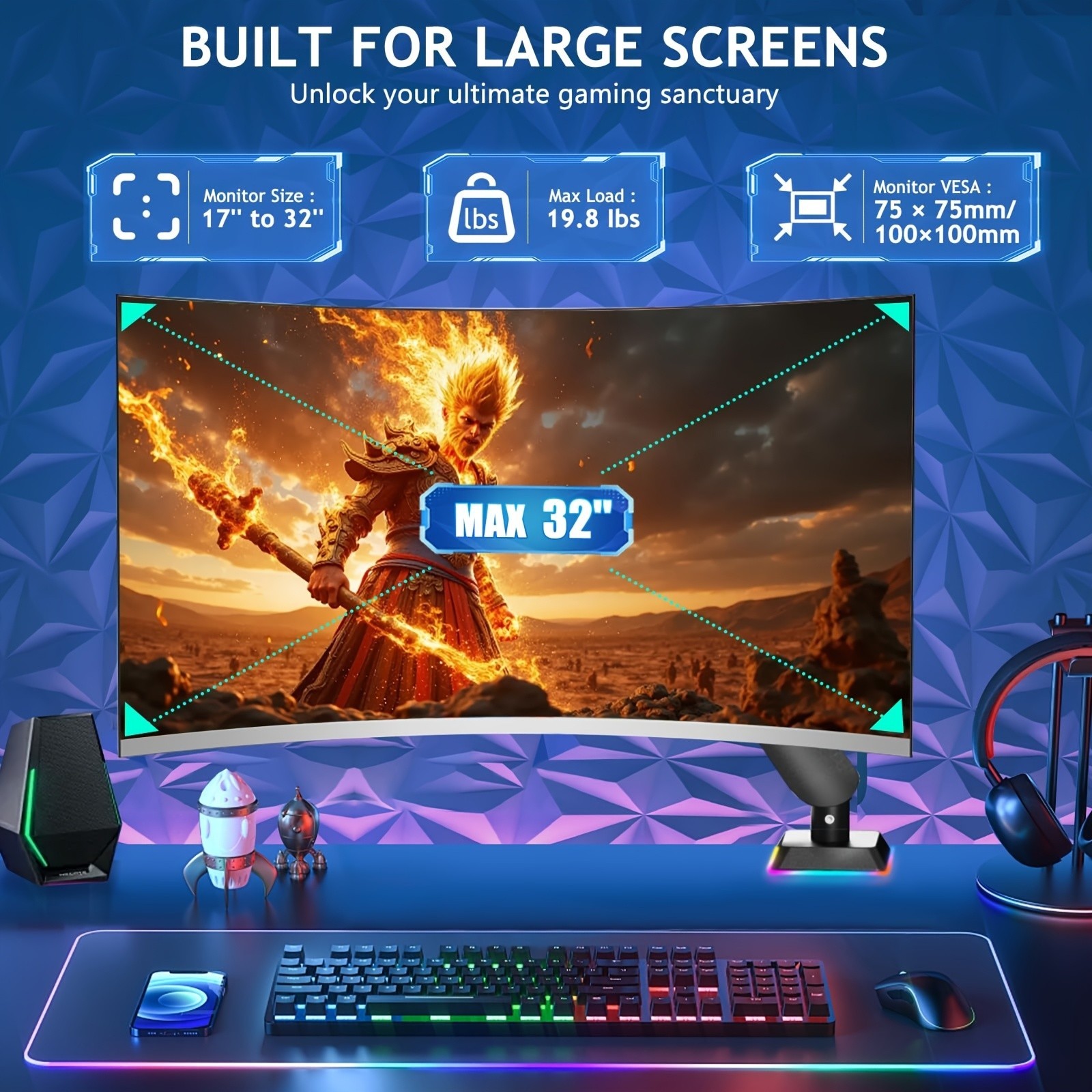 Single Monitor Mount, Built-in RGB Lights, Adjustable Monitor Arm with USB