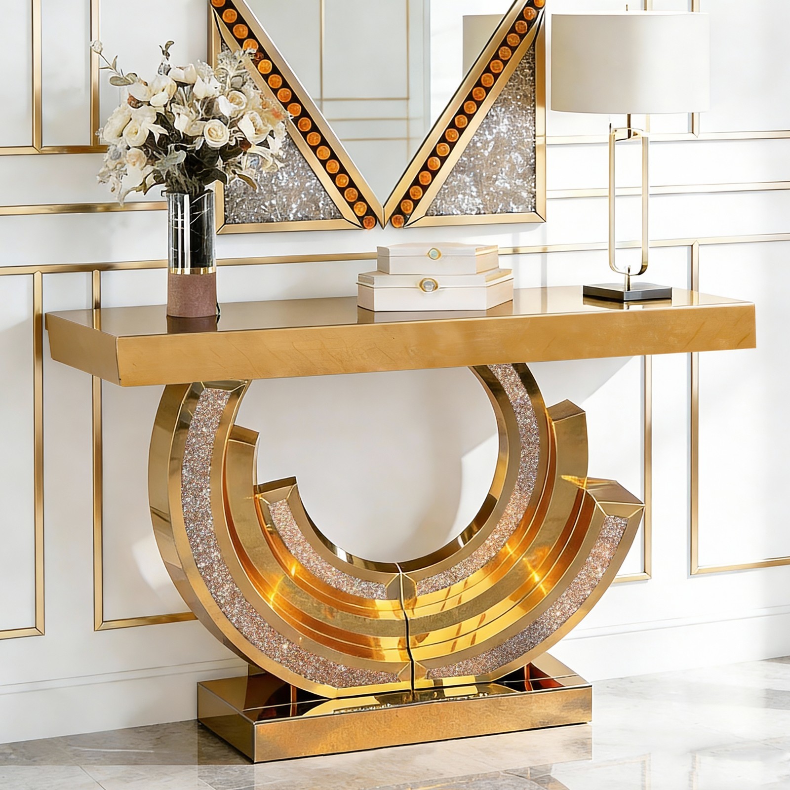 New Design Crushed Diamond Mirrored Console Table Diamond Inlay Glass Home Decor