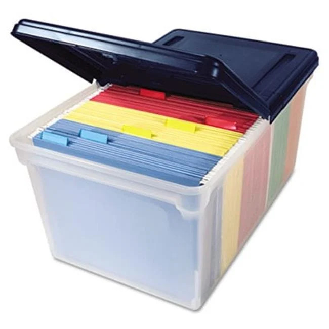 Advantus 55797 File Tote Storage Box with Lid Letter Plastic Clear/Navy