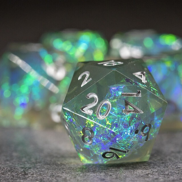 Sage's Enchanted Crystals Grey/Green Sharp Edge Resin Dice Set