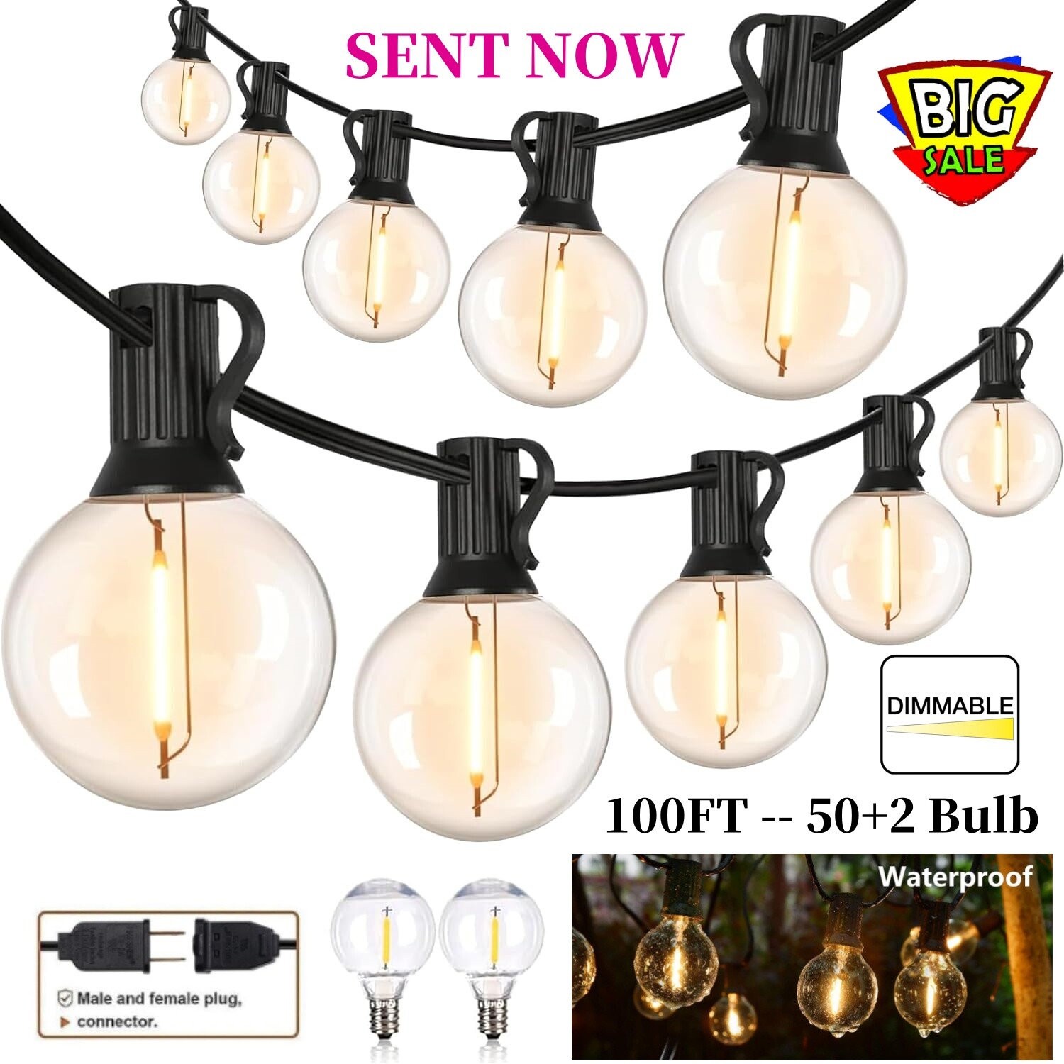 100ft Outdoor Globe String Light Waterproof Patio Light,Shatterproof Led Outside