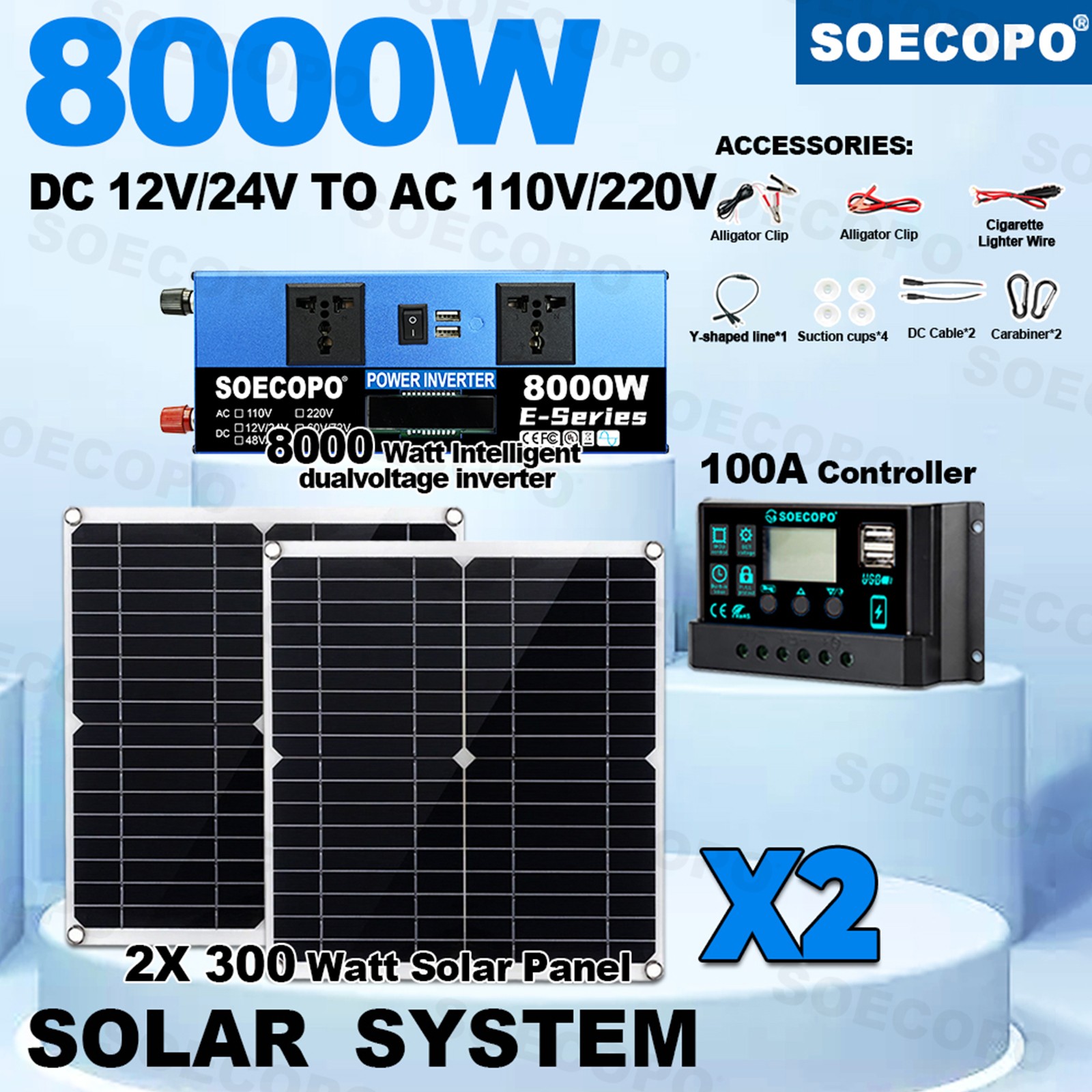 8000W Solar Inverter Kit (12V24V DC to 110V/220V AC) + 2pcs Solar Panels + 100A