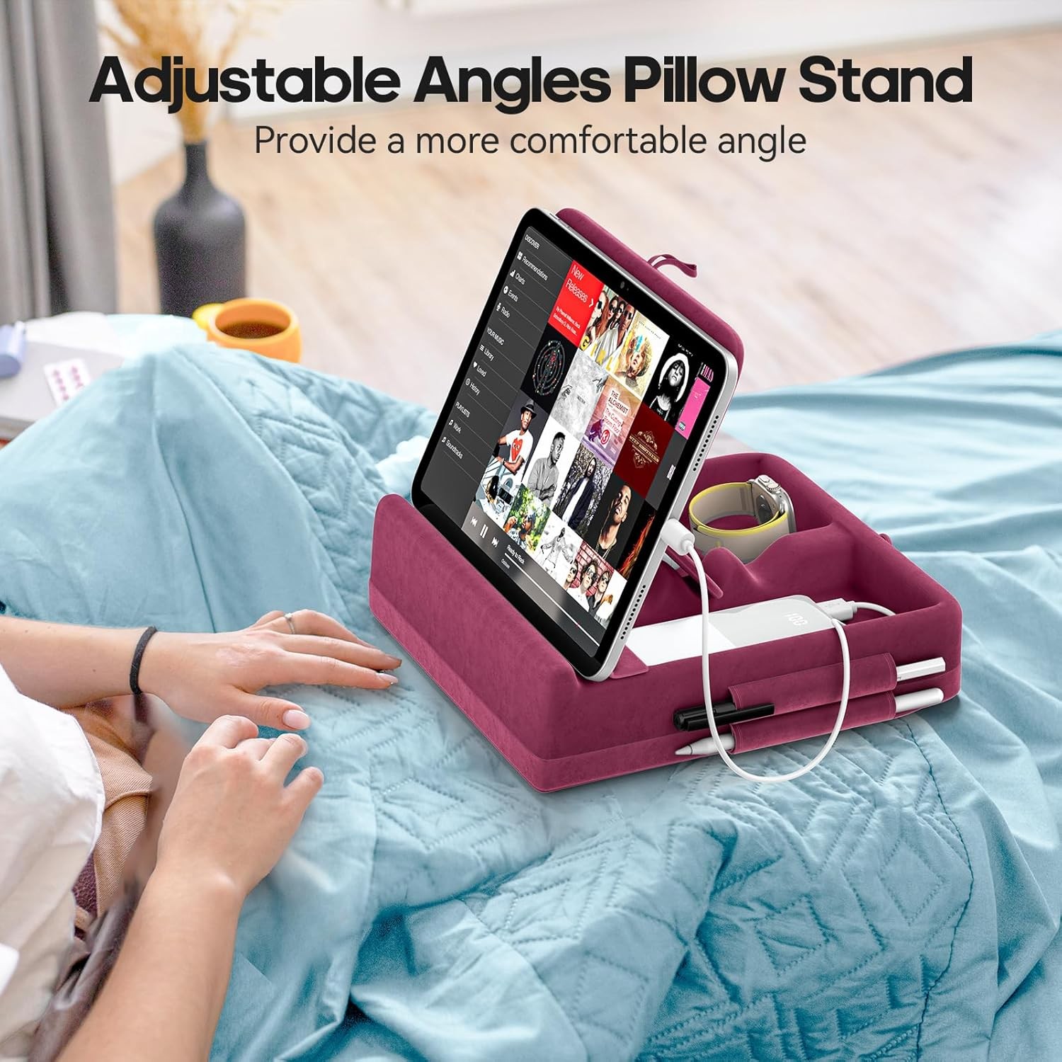 Tablet Pillow Stand W/ Storage Foldable iPad Holder Lap Desk & Bed Angle