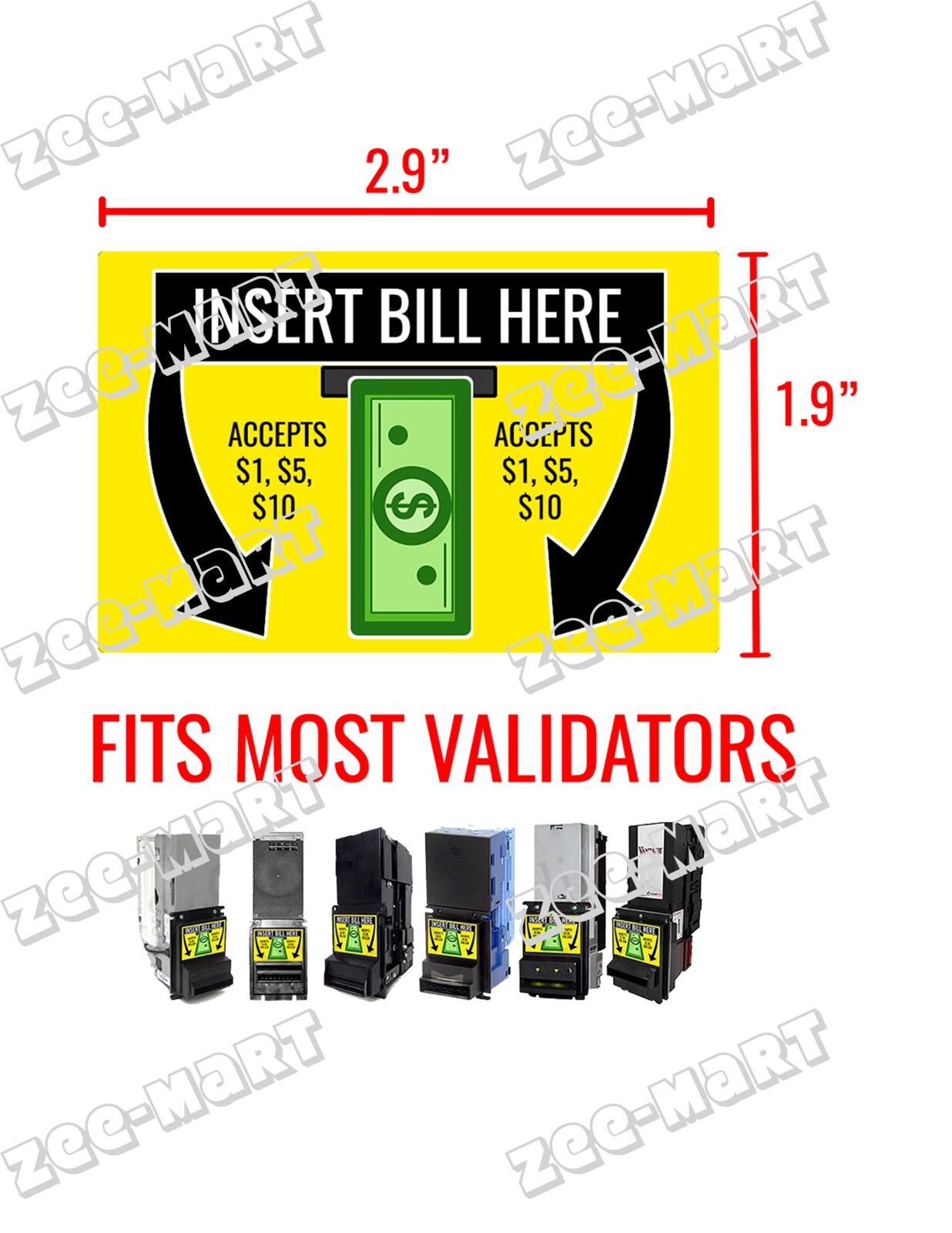 Dollar Bill Validator/Dollar Bill Acceptor Sticker: $1 $5 & $10 MEI Coinco ICT