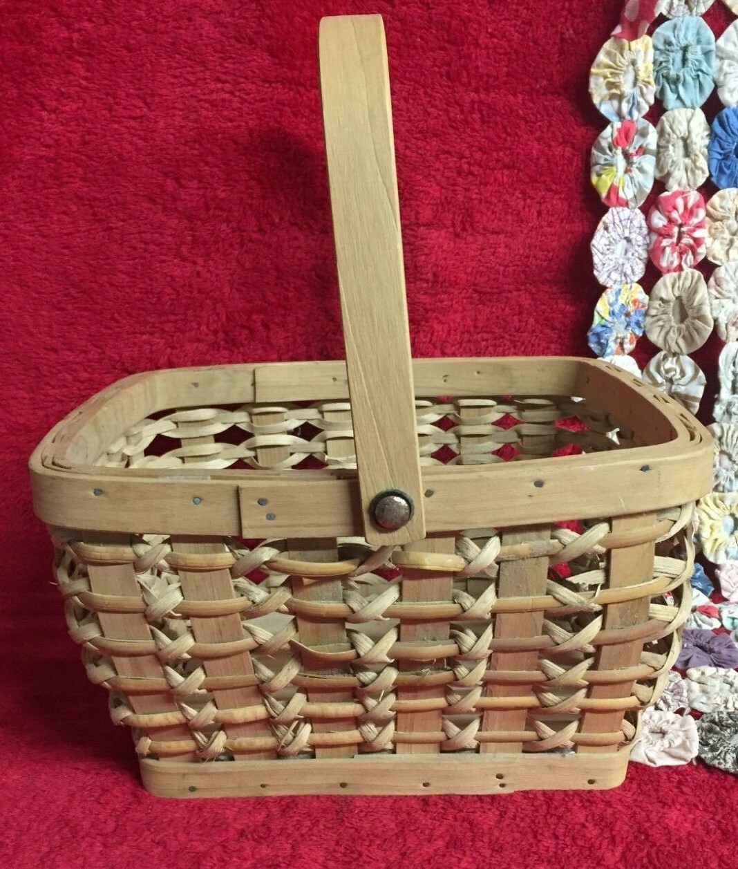 Vtg Basket with Cross Stitch Design and Movable Handle Pale Natural Colors