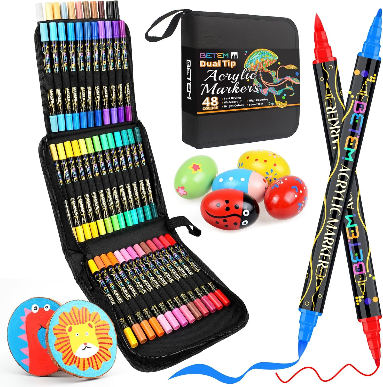Paint Markers Acrylic Paint Pens, Dual Tip 48 Colors Acrylic Markers with Brush