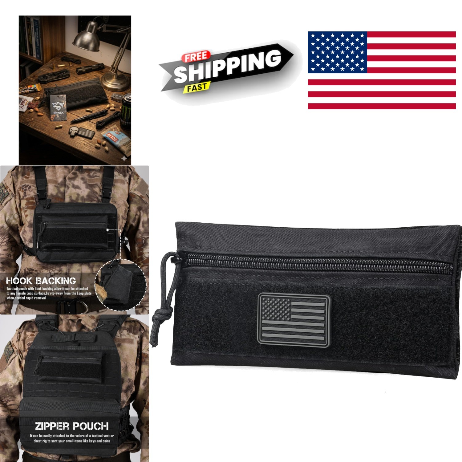 Tactical Zipper Pouch Utility Organizer Bag Insert Nylon Black with Hook Backing