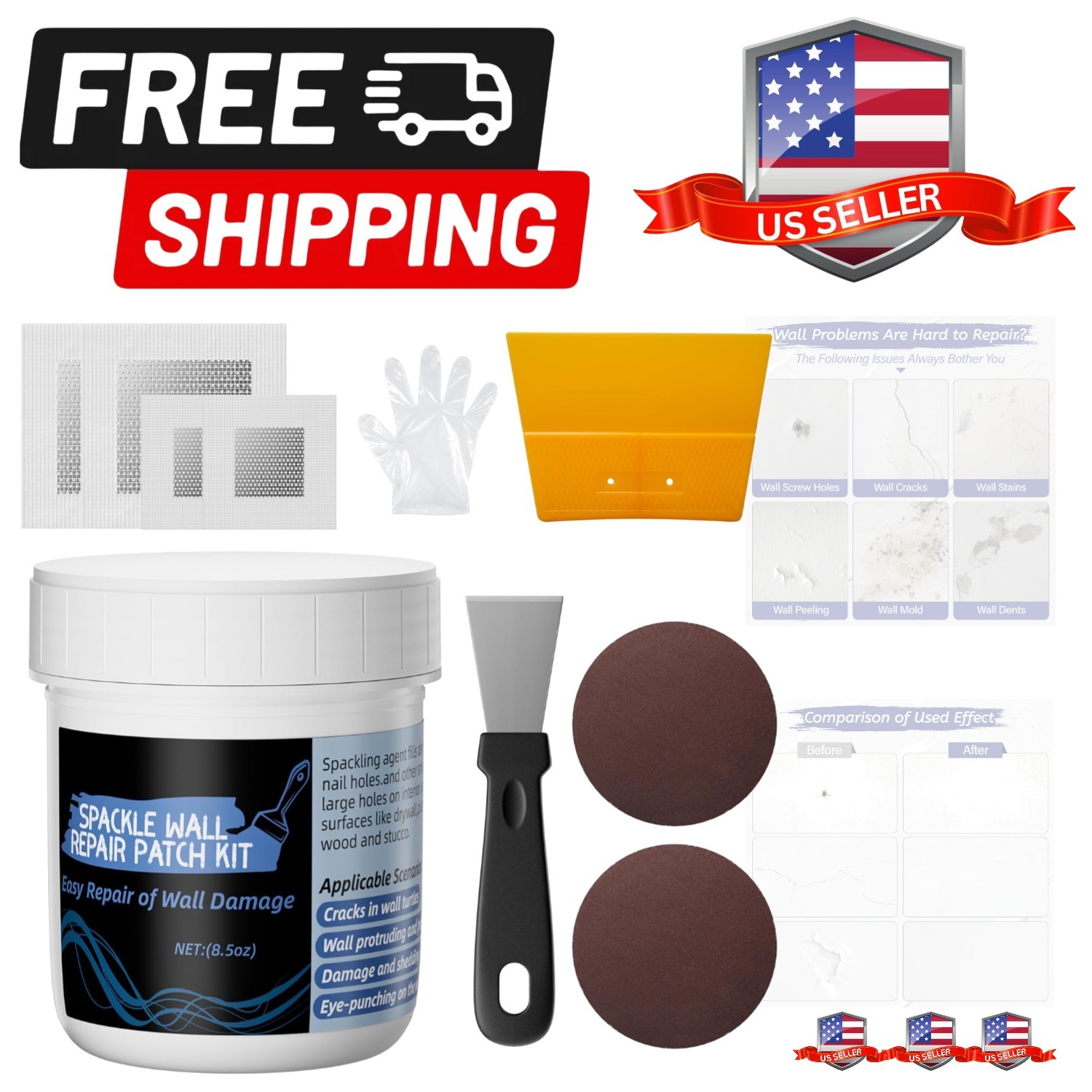 Drywall Repair Kit: 8.5 Ounce Spackle Wall Repair with Patch/Scraper/Sandpape...