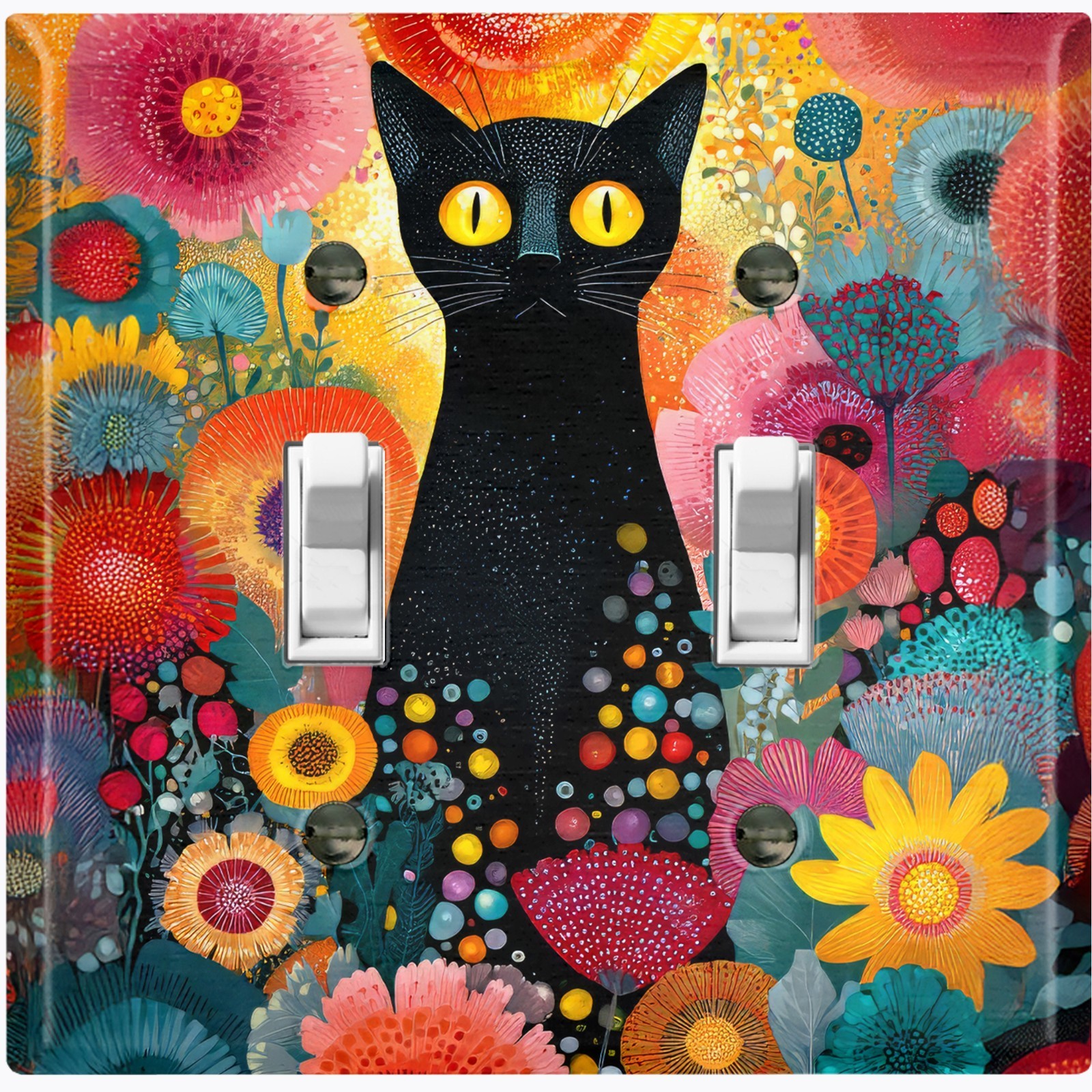 Metal Light Switch Outlet Cover Wall Plate Colorful Flowers Black Cat FWR228