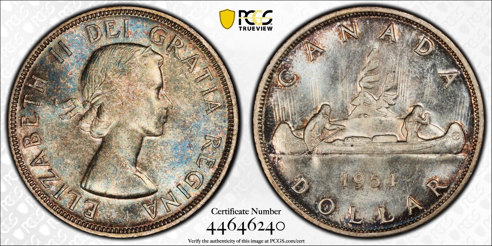 1954 SWL MS-64 Canada $1 Silver Dollar Coin - PCGS Certified Short Waterlines