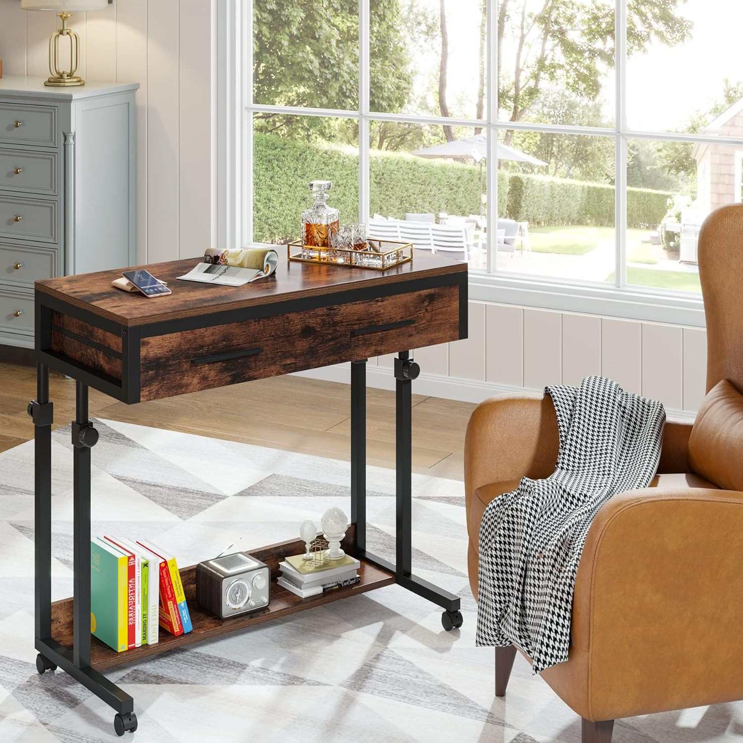 Portable Desk with Drawers, Mobile Laptop Desk with Wheels, Sofa Side Table Smal