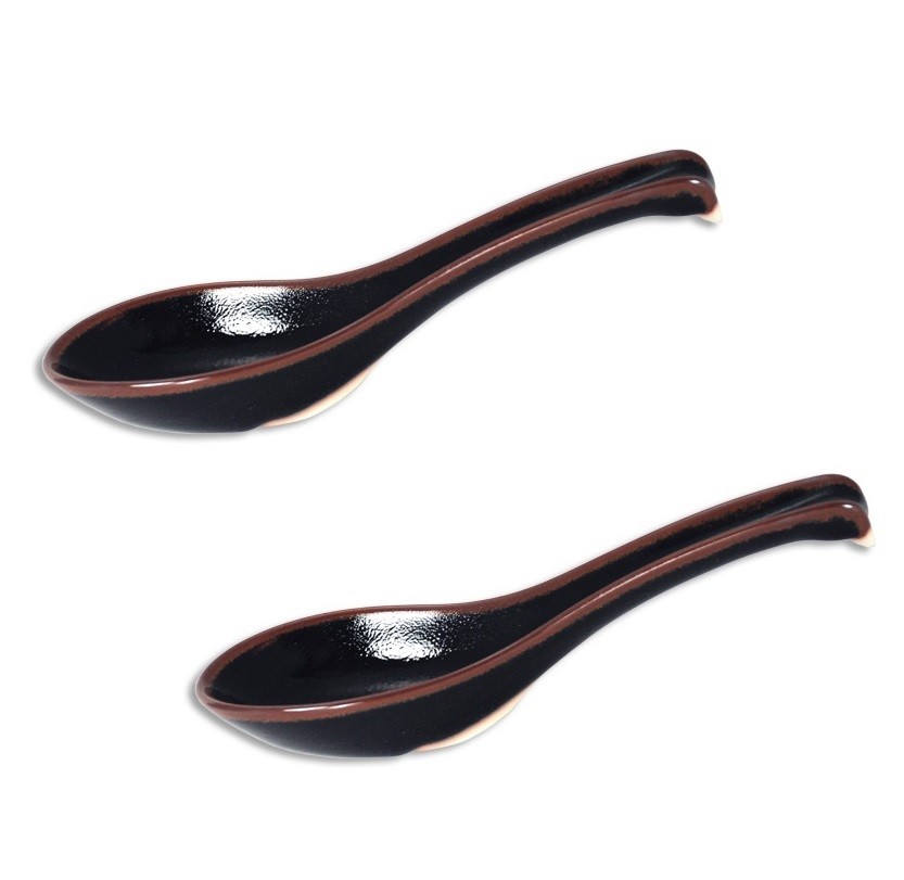 SET of 2 Japanese Ceramic Soup Spoons Black Brown Yuzu Tenmoku Made in Japan