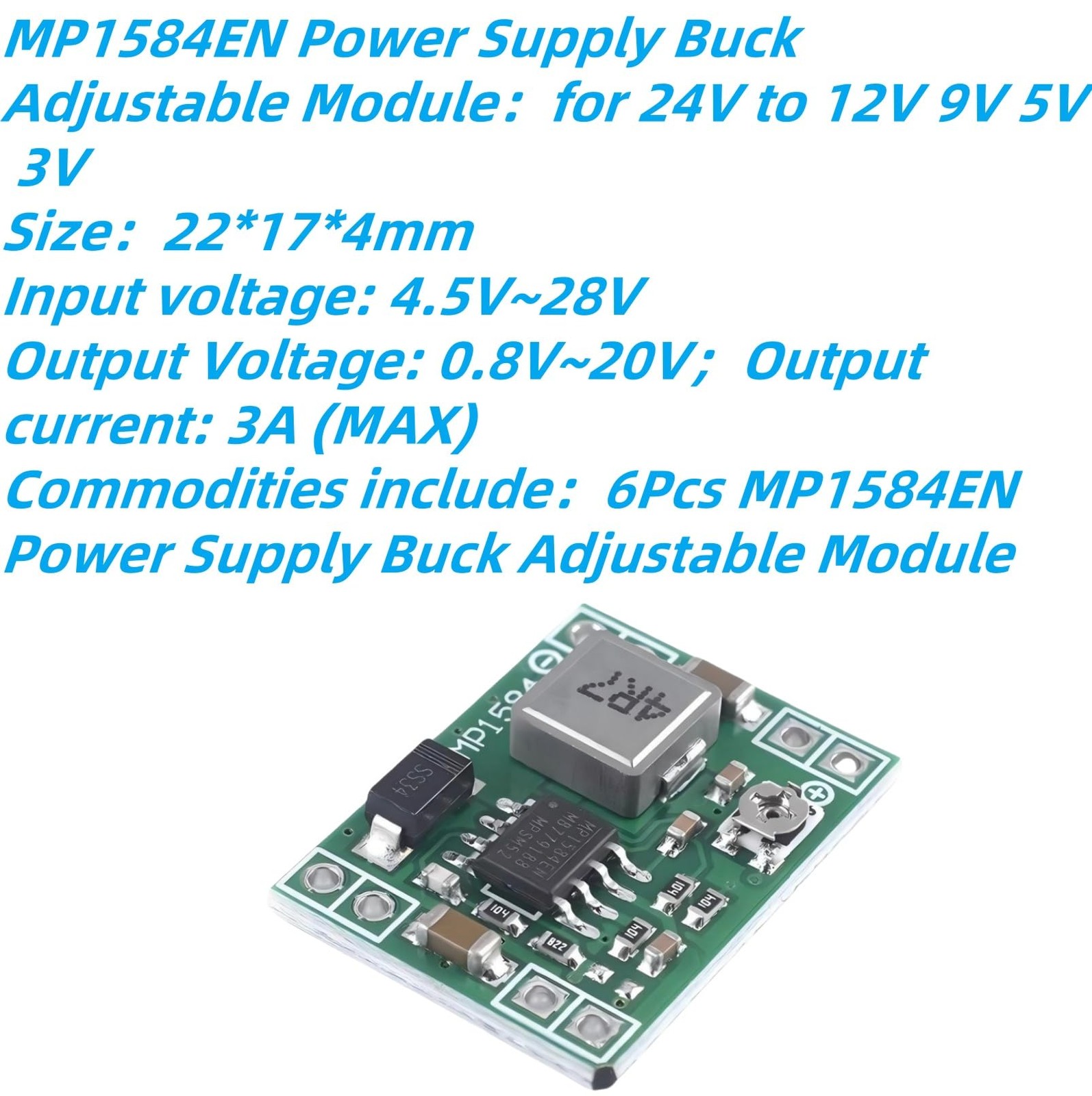 6 PCS MP1584EN Mini DC-DC Buck Converter 3A Adjustable Power Supply Module