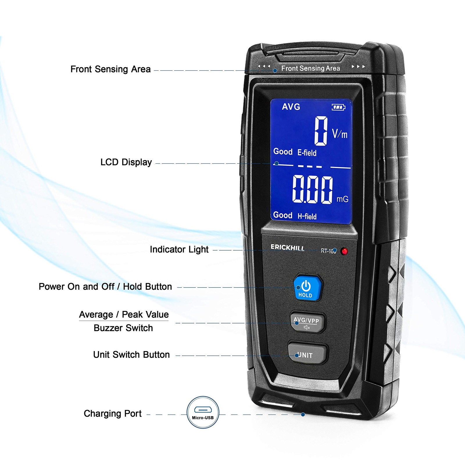 ERICKHILL EMF Meter, Rechargeable Digital Electromagnetic Field Radiation Det...