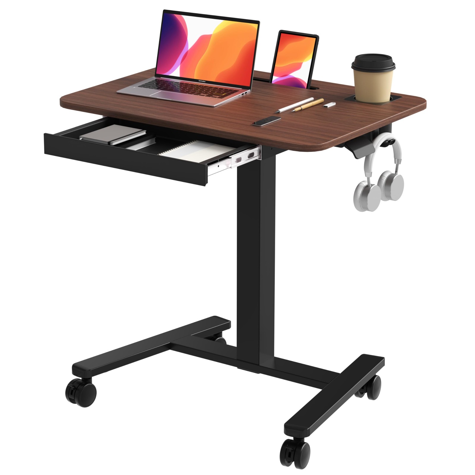 28" Mobile Standing Desk with Drawer,Height Adjustable,Walnut