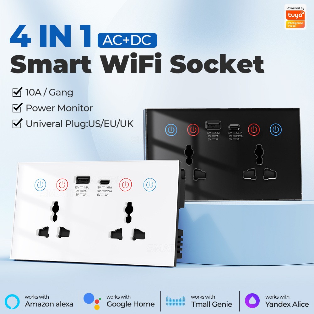 WiFi Smart Socket USB+Type-C 15W Wall Socket Universal Plug Outlet Power Monitor