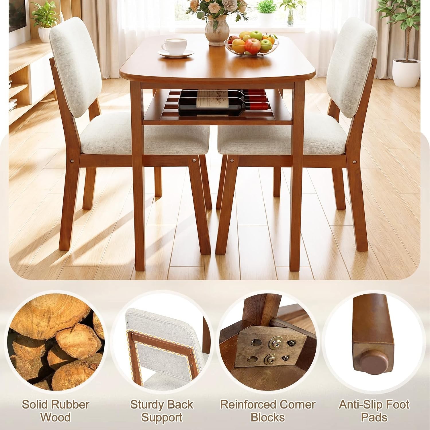 Dining Table Set 2 Space Saving Kitchen Table & Chairs Set w/Rubber Wood Frame