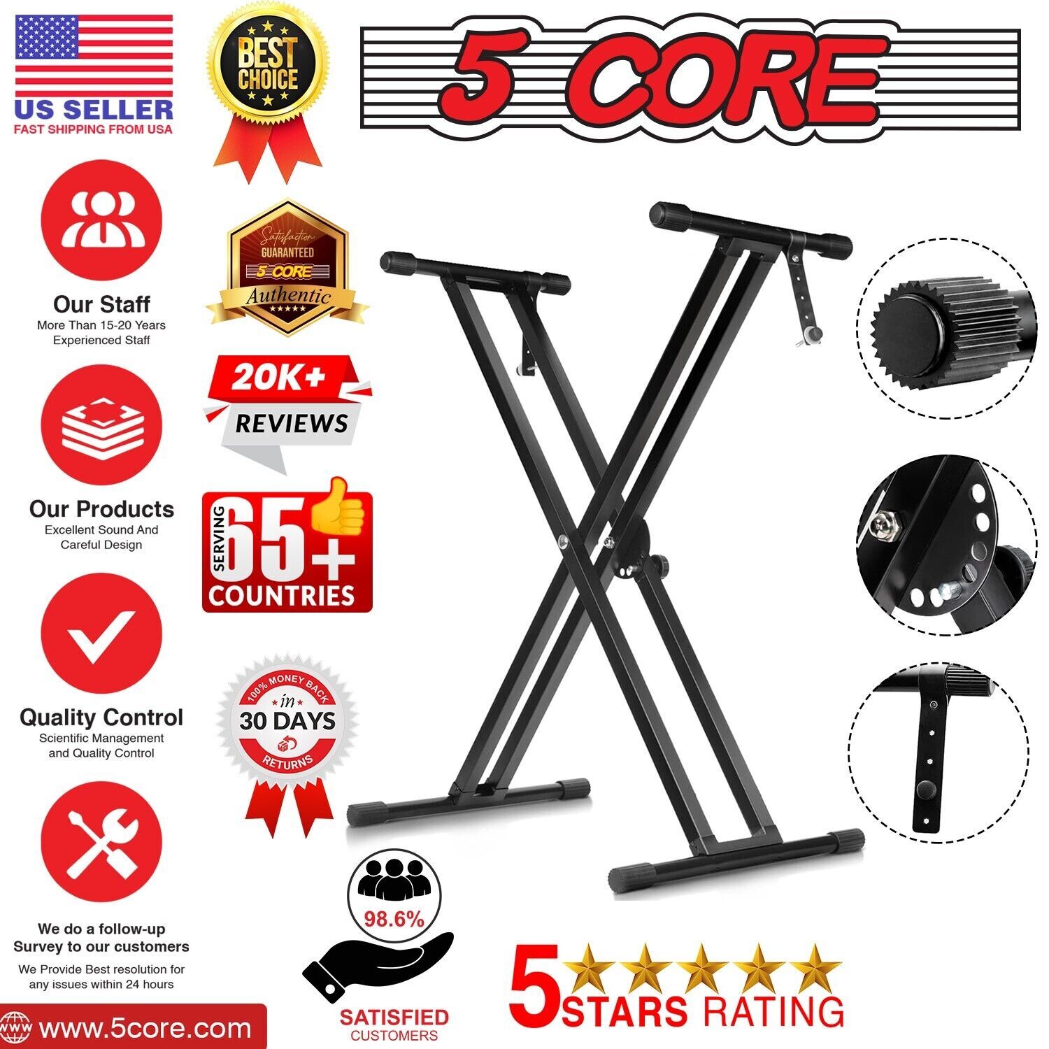 5Core Keyboard Stand Double X Style Adjustable Lift Piano Riser For 49 - 88 Keys