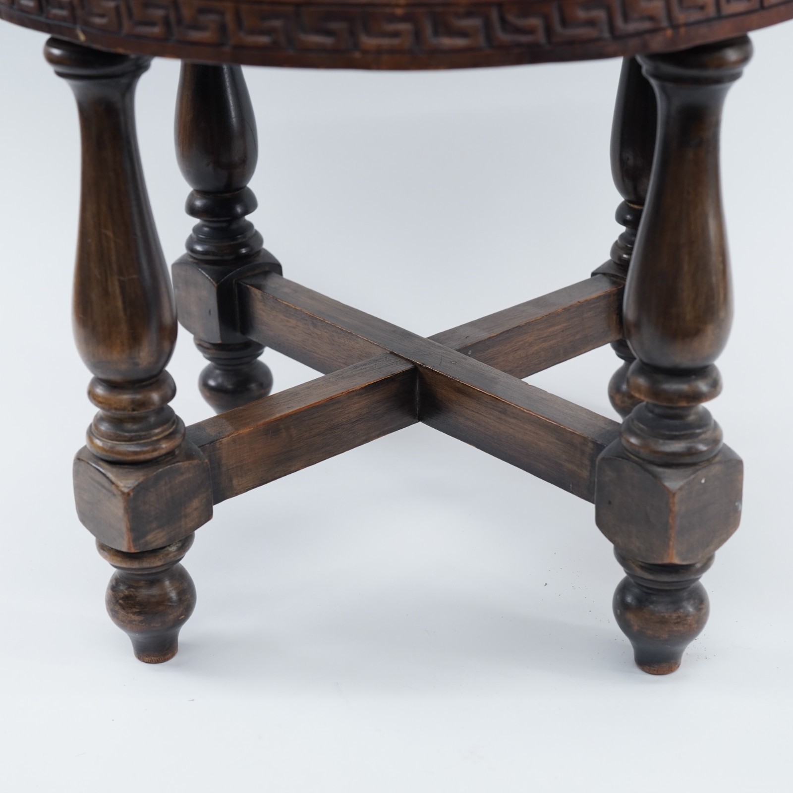Hand Tooled Leather Top Wooden Stool Ottoman Ethnic Peru Mayan Aztec Warrior