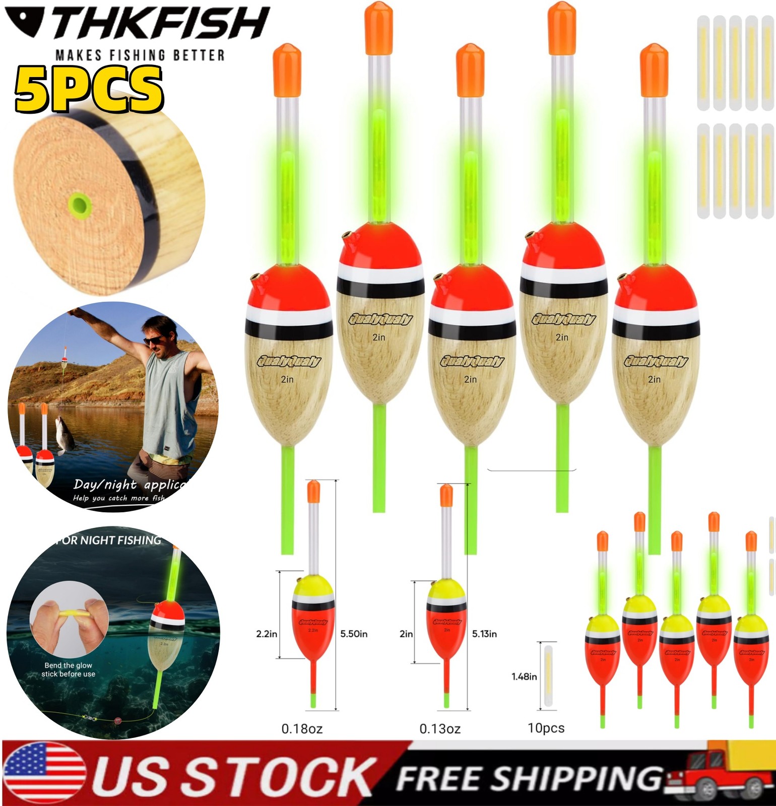 5PCS LED Light Bobbers Fishing Floats Fishing Bobbers Night for Crappie Bass US