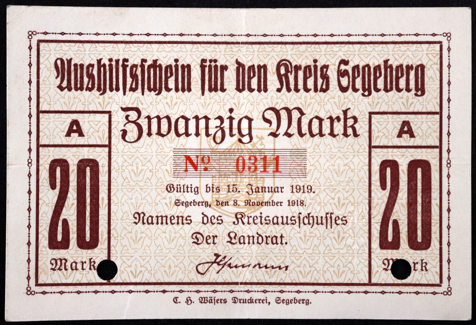 SEGEBERG 1918 RARE 20 Mark Grossnotgeld German Notgeld Schleswig-Holstein
