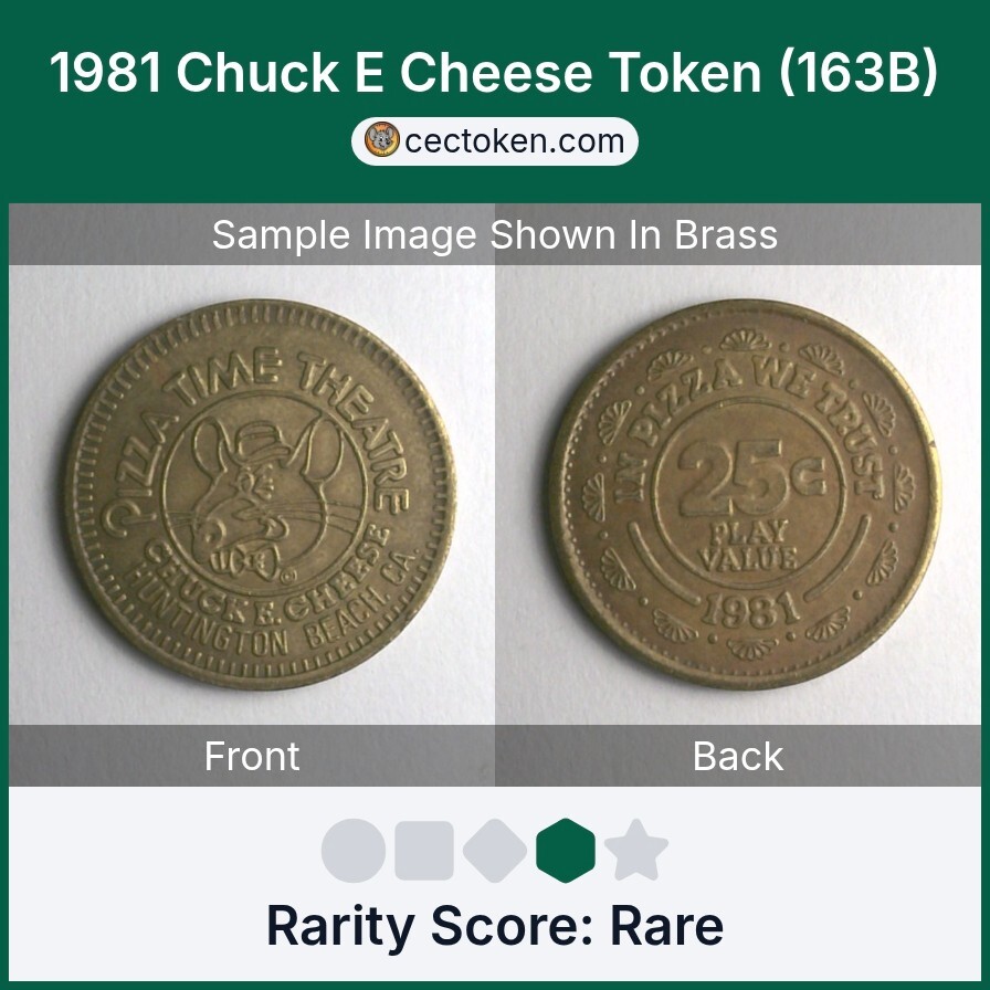 1981 Chuck E Cheese Token (163B) Pizzatime Theatre Huntington Beach Brass Rare