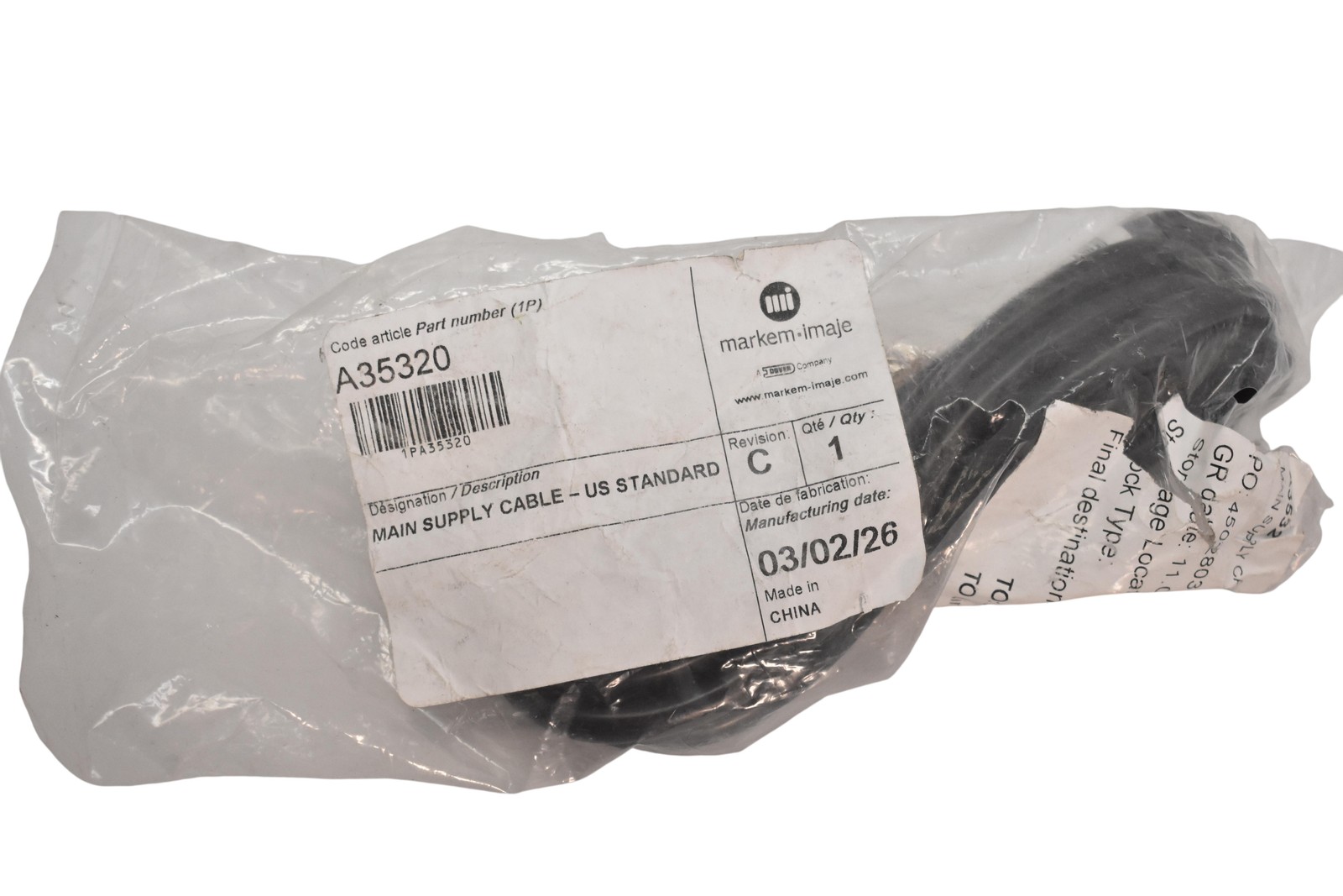Markem-Imaje A35320 Main Supply Cable US Standard Power Cord Black Printer New