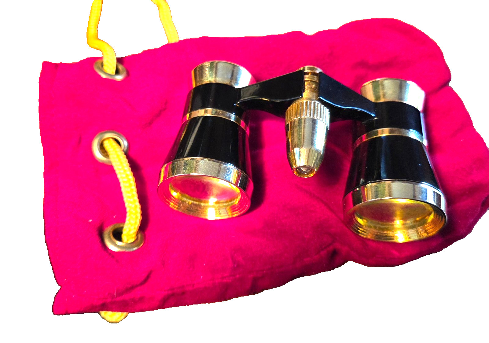 Beautiful Black & Gold Metal OPERA GLASSES in Red Velveteen Bag, excl cond