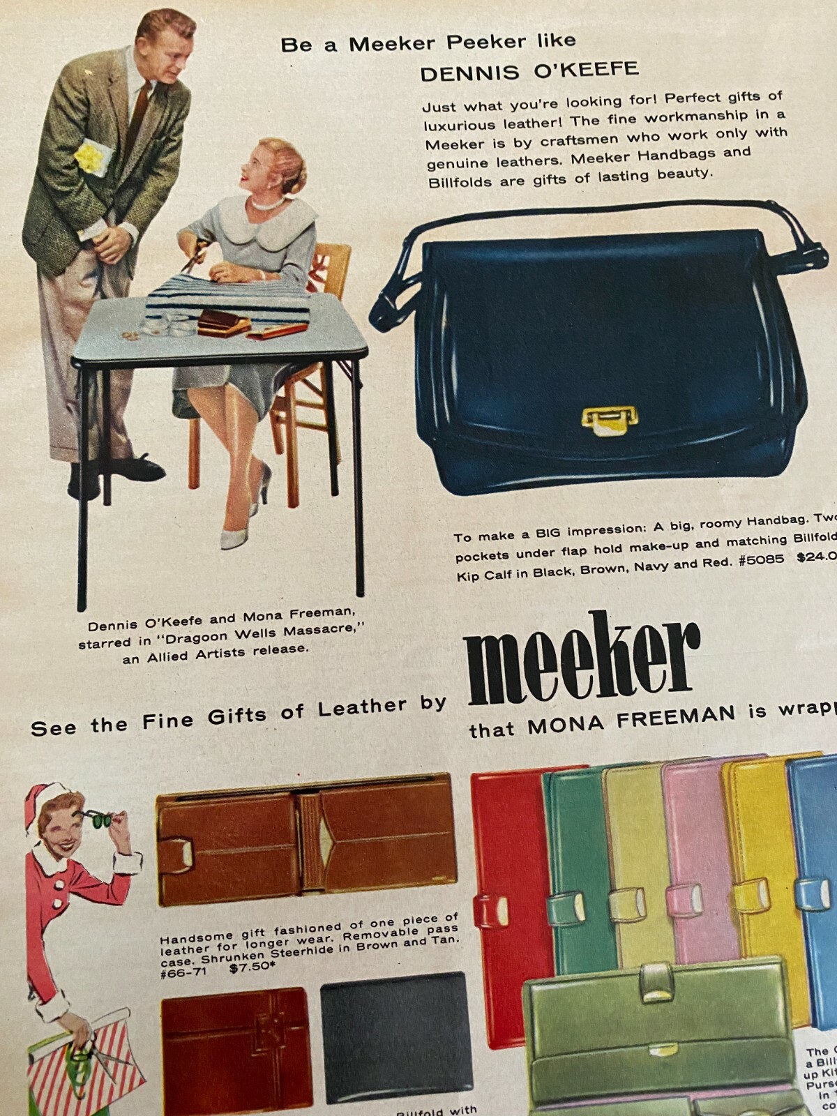 Dennis O'Keefe, Mona Freeman, Meeker Handbags, Full Page Vintage Print Ad