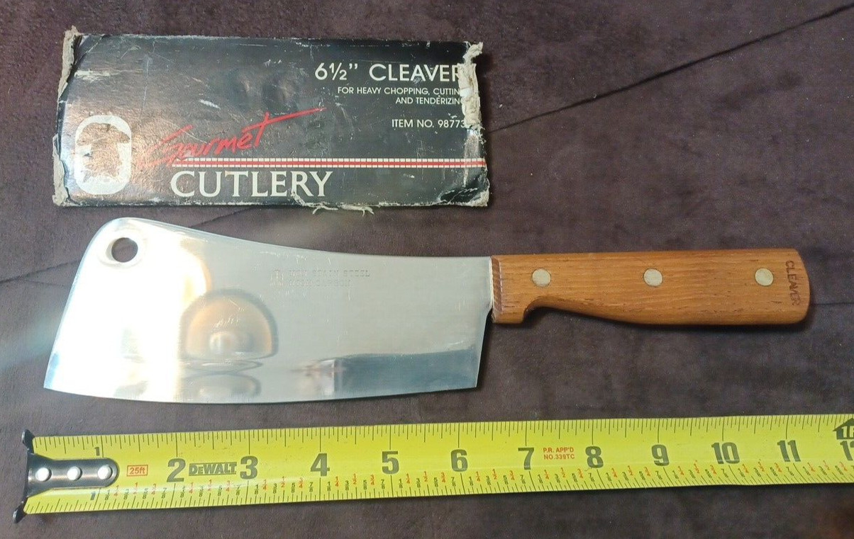 Vtg Gourmet Cutlery 6.5", Cleaver W/ Wood Handle, F/Japan, W/ Thick Paper Sheath
