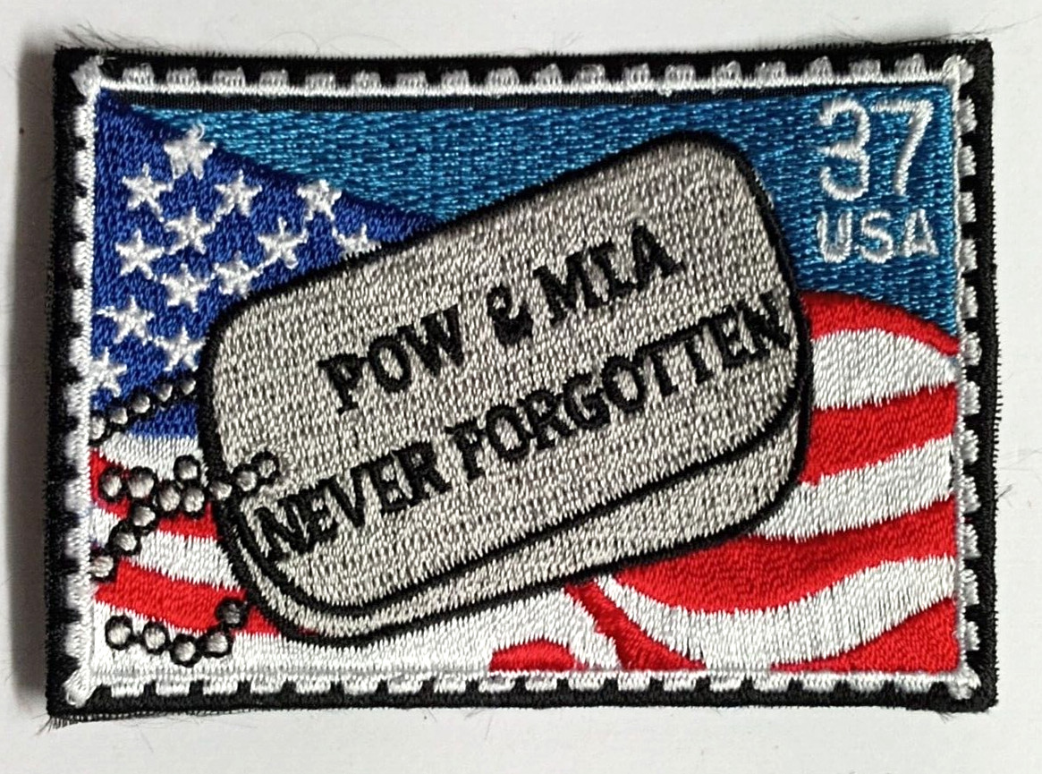 POW & MIA Never Forgotten USA Flag Dog Tags Stamp Embroidered 3"w Patch NEW