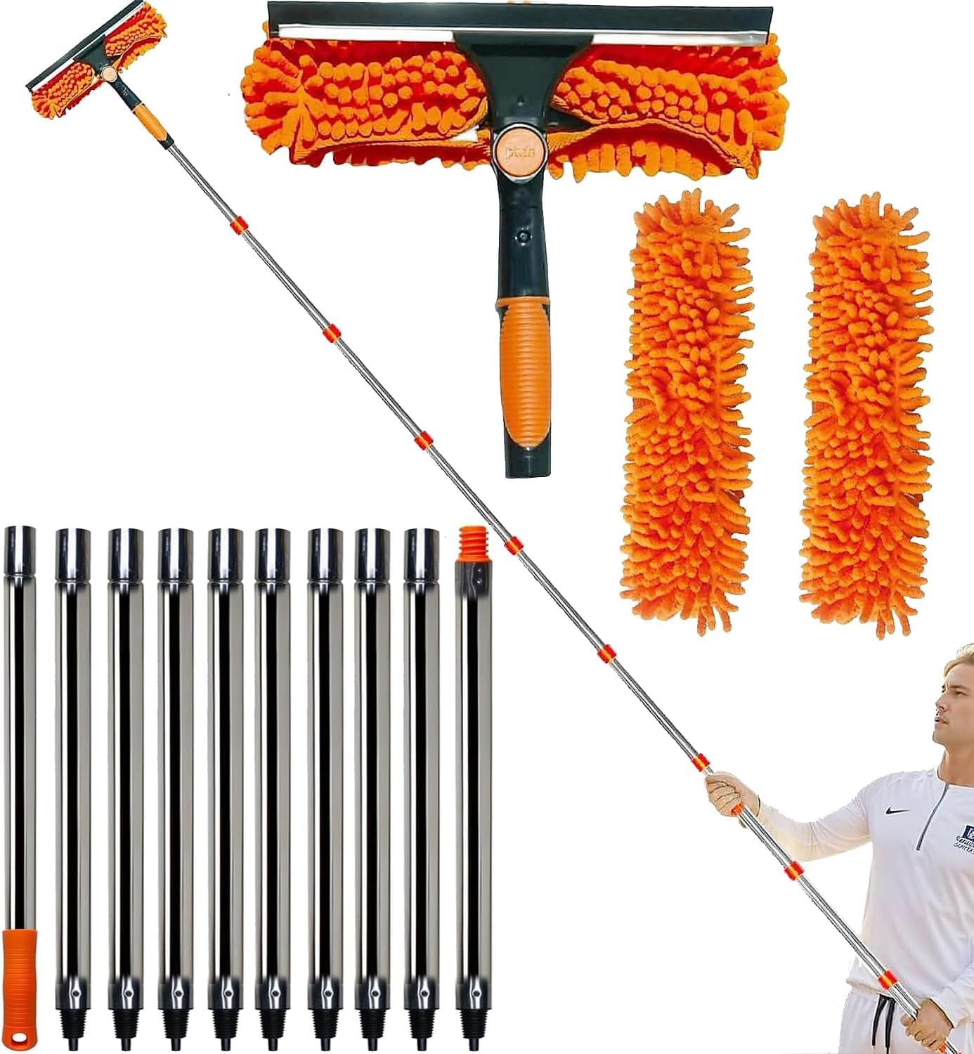 20 ft+ Reach Squeegee Window Cleaner Duster 2 in 1 Rotatable Cleaning Tool Kit