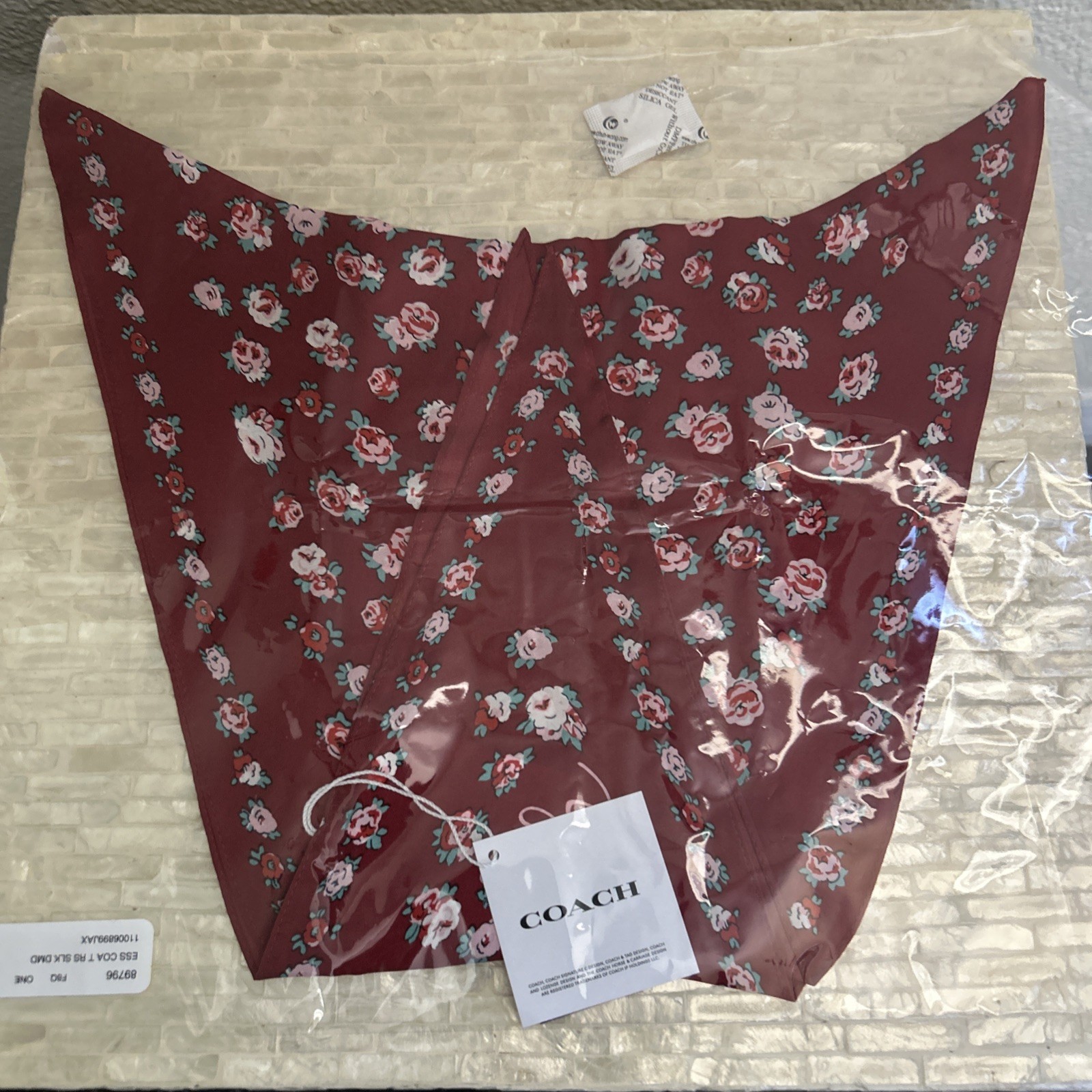 Coach Tea Rose Print Silk Diamond Scarf 1941 Red