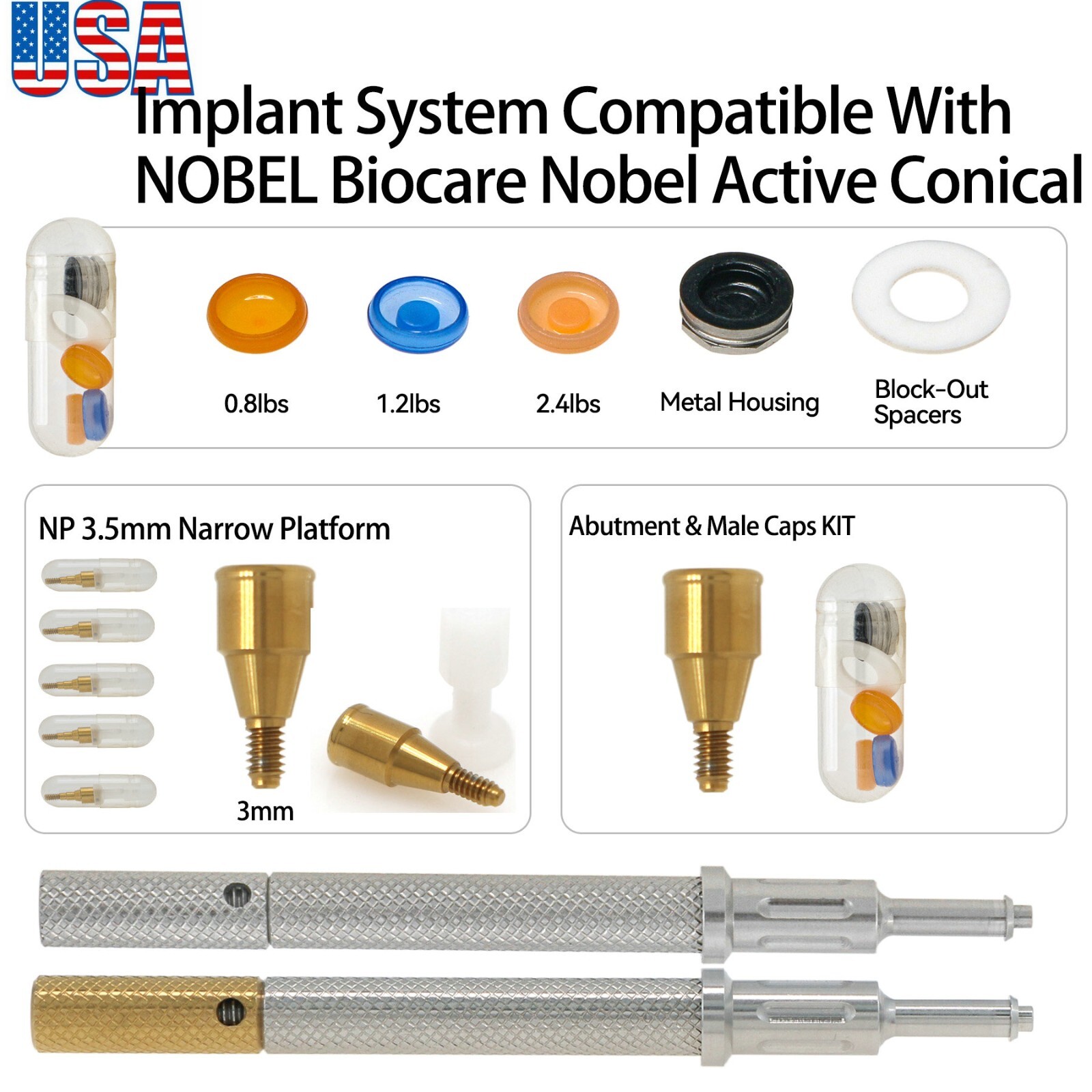US Dental NPØ3.5mm 3mm Locator Attachment Abutments fit Nobel Male Cap Removeble