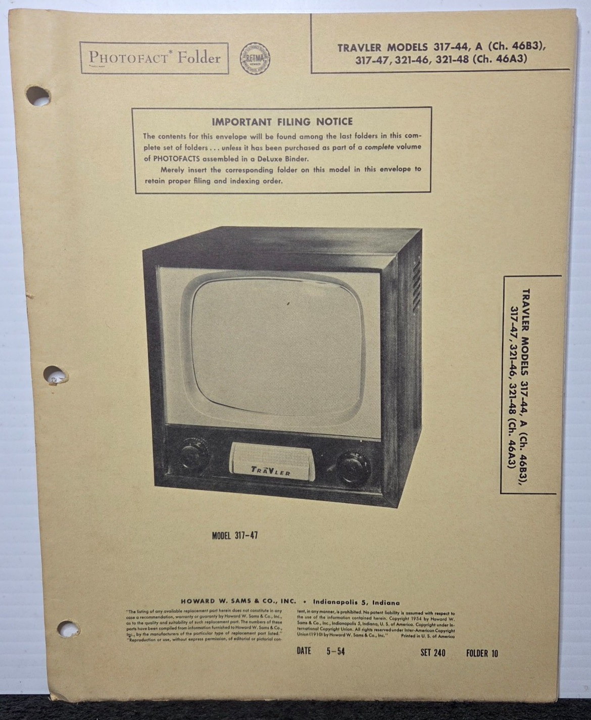 SAMS TELEVISION SERVICE MANUAL 240-10 TRAVLER 317-44 -47 -46 -48 46B3 46A3