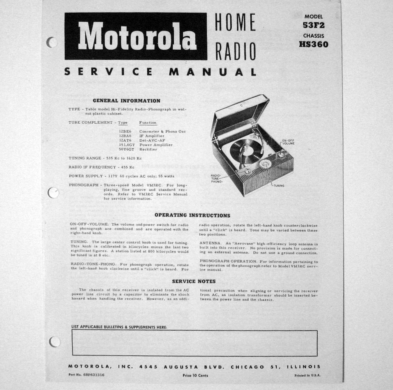 Motorola ® Model 53F2 Hi-Fi Table Radio Phonograph Service Manual © 1950s
