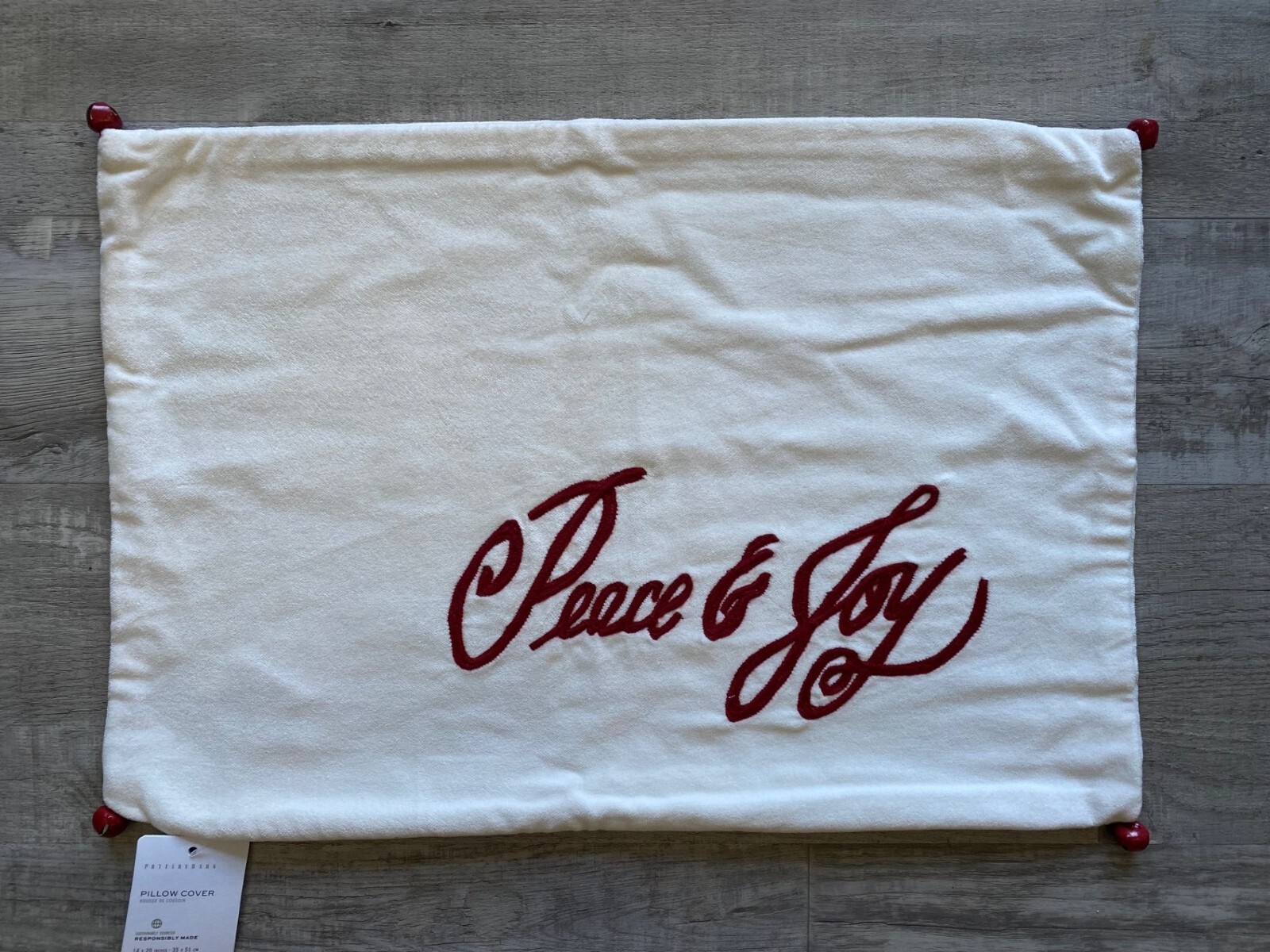 NEW Pottery Barn "Peace & Joy" Embroidered Velvet Lumbar Pillow Cover Jingle Bel
